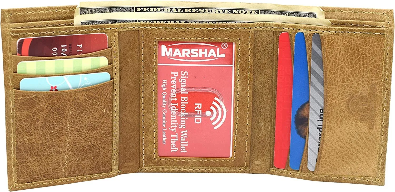 Marshal RFID Blocking Men's Genuine Leather Slim Trifold Credit Card ID Holder Tan Wallet for Men