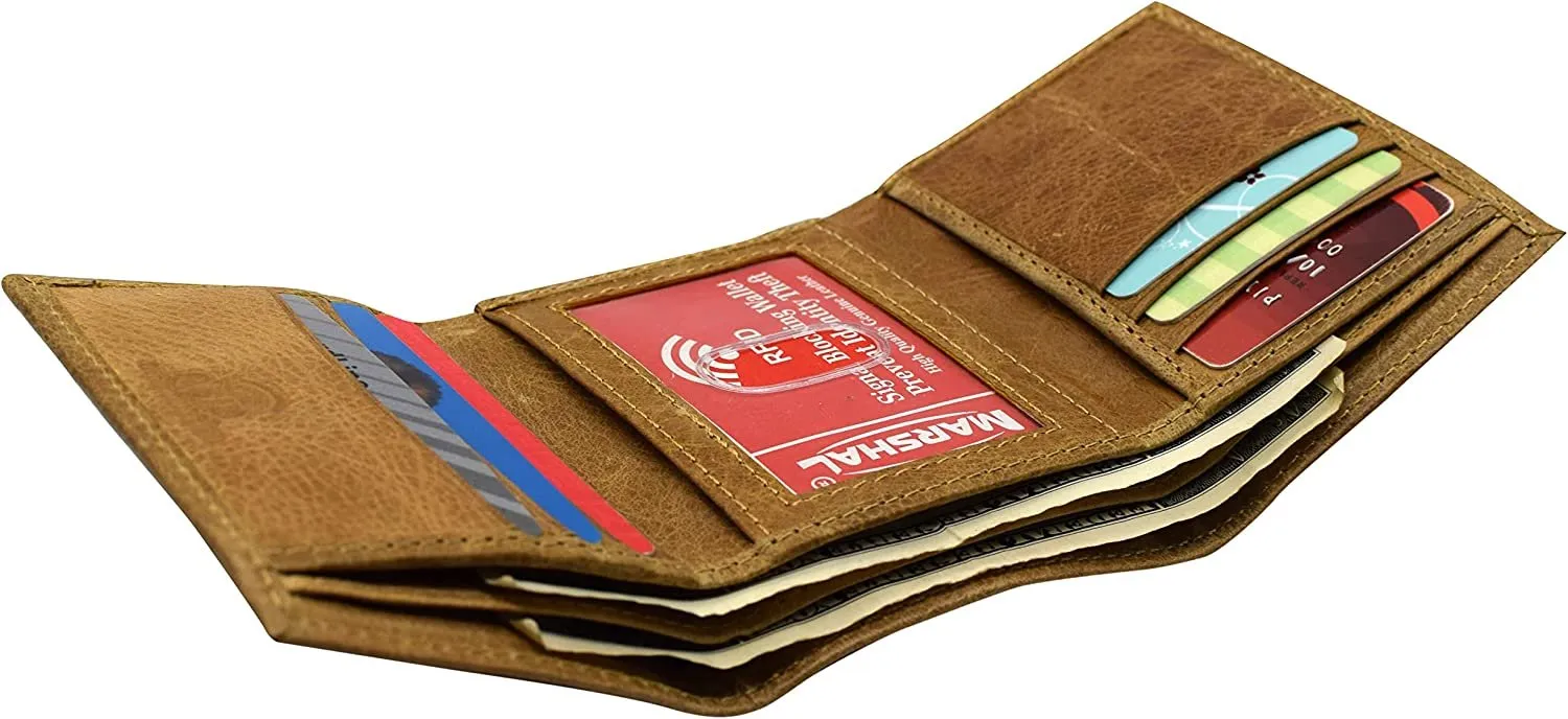 Marshal RFID Blocking Men's Genuine Leather Slim Trifold Credit Card ID Holder Tan Wallet for Men