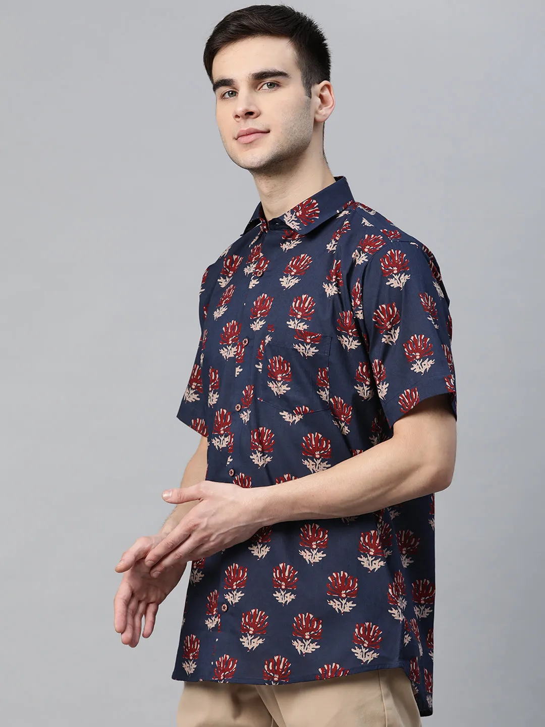 Men's Blue Cotton Half Sleeves Shirt - Taantav