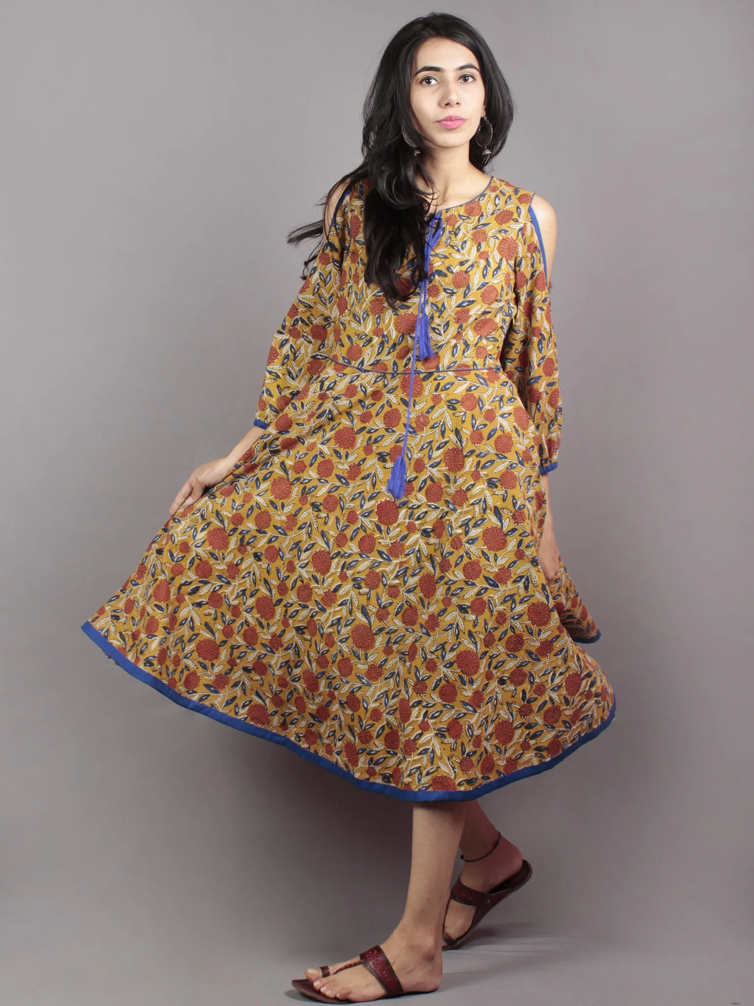 Mustard Brown Indigo Ivory Hand Block Printed Half Circular Cold Shoulders Cotton Dress With Tassels - D62F586