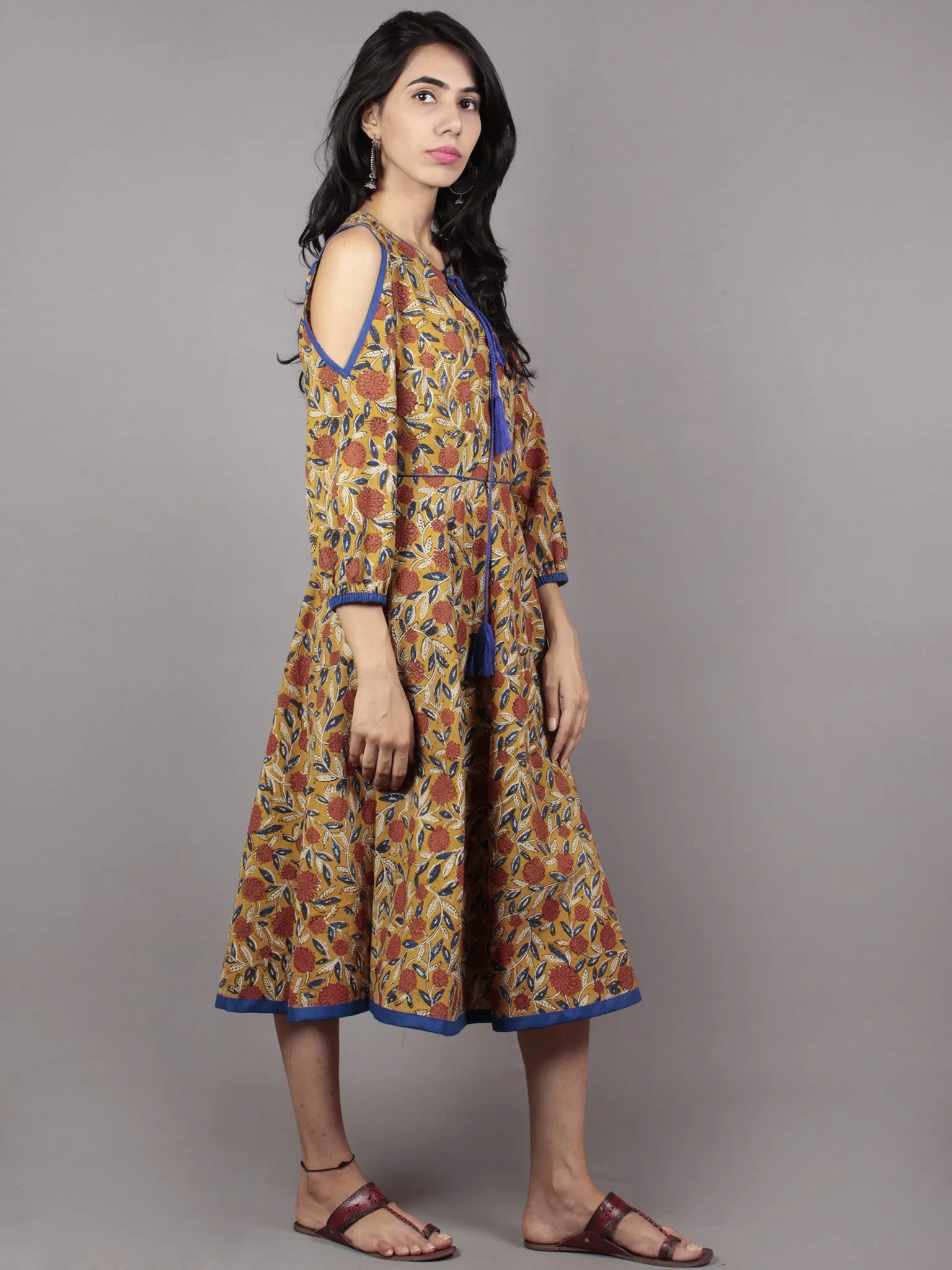 Mustard Brown Indigo Ivory Hand Block Printed Half Circular Cold Shoulders Cotton Dress With Tassels - D62F586