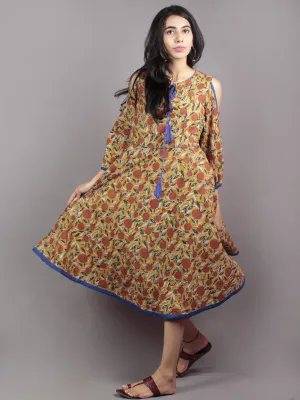 Mustard Brown Indigo Ivory Hand Block Printed Half Circular Cold Shoulders Cotton Dress With Tassels - D62F586