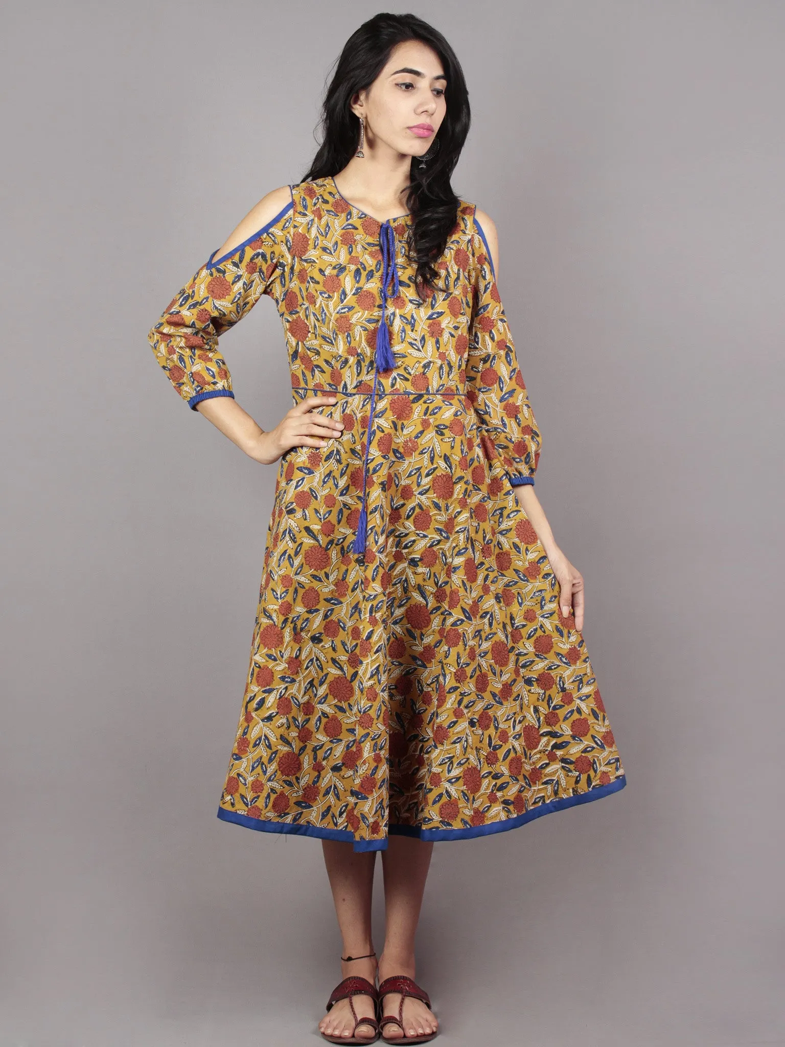 Mustard Brown Indigo Ivory Hand Block Printed Half Circular Cold Shoulders Cotton Dress With Tassels - D62F586