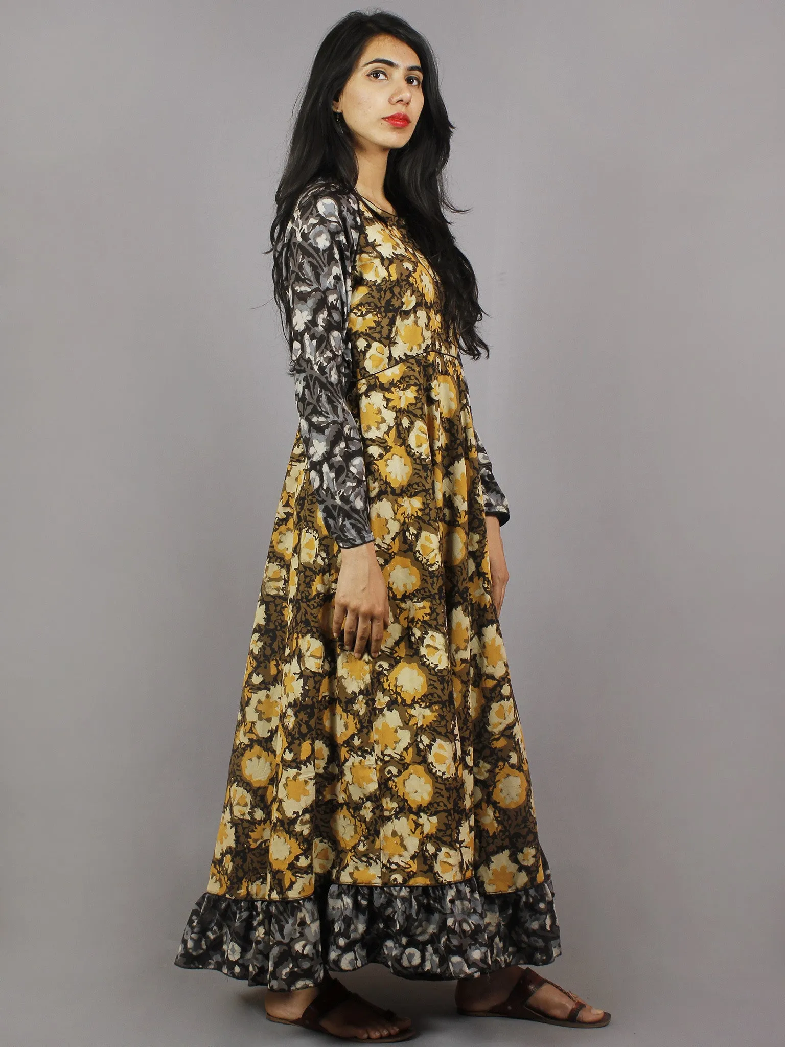 Mustard Yellow Black Grey Hand Block Printed Long Cotton Dress With Gather - D0655619