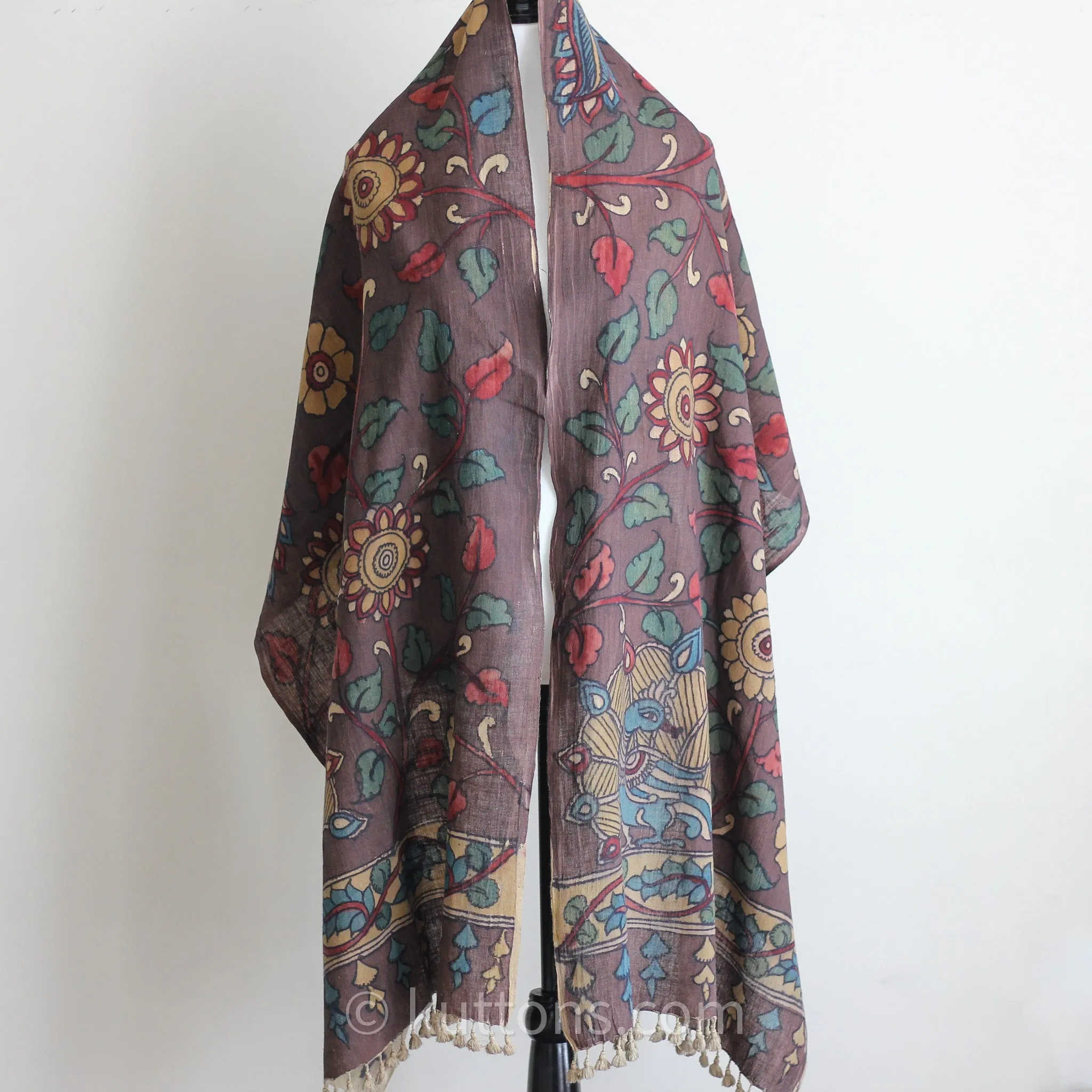 Naturally Hand-Painted Kalamkari Organic Cotton Scarf - Ethnic Stole from Natural Dyes | Brown, 23x86"