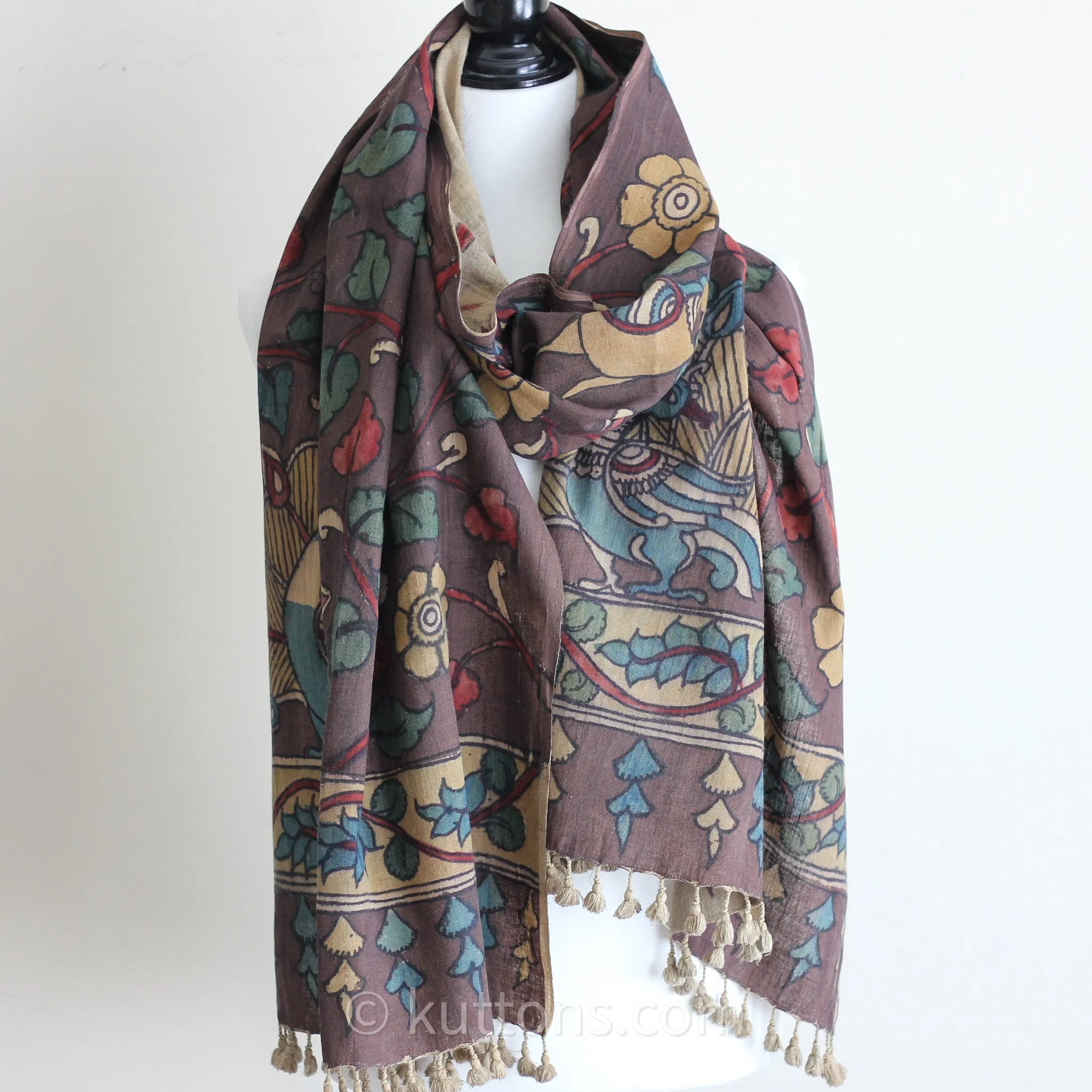 Naturally Hand-Painted Kalamkari Organic Cotton Scarf - Ethnic Stole from Natural Dyes | Brown, 23x86"