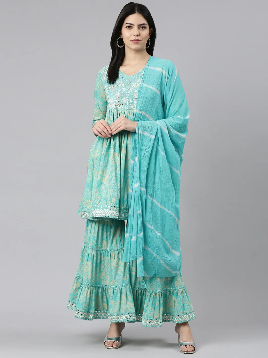 Neeru's Sea Green Regular Straight Printed Kurta And Sharara With Dupatta