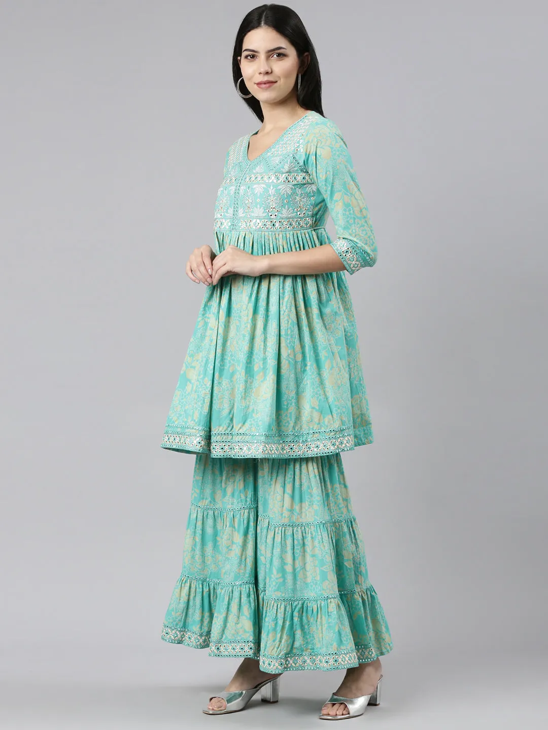 Neeru's Sea Green Regular Straight Printed Kurta And Sharara With Dupatta