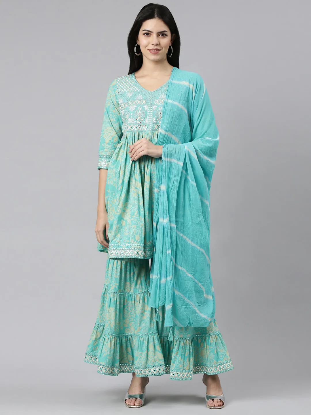 Neeru's Sea Green Regular Straight Printed Kurta And Sharara With Dupatta