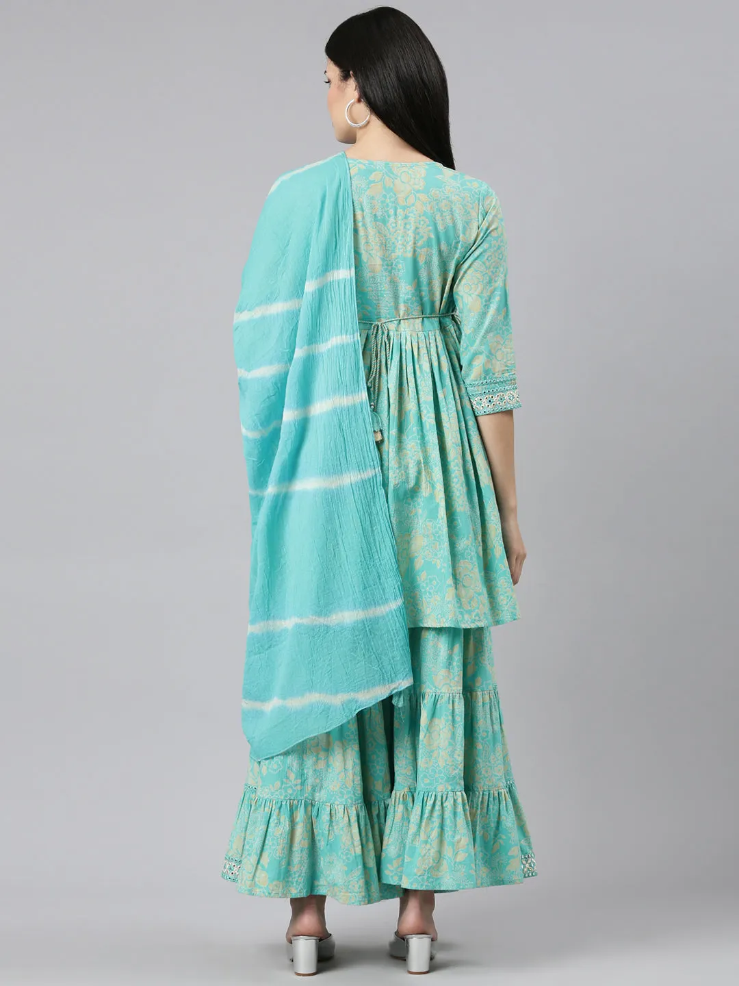 Neeru's Sea Green Regular Straight Printed Kurta And Sharara With Dupatta