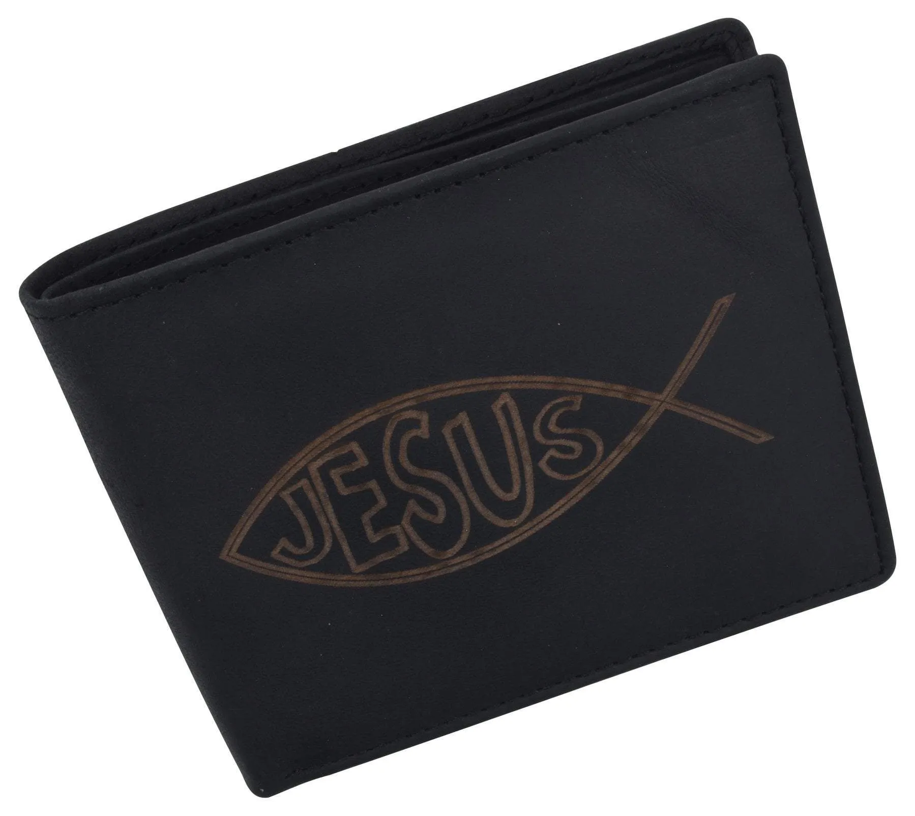 New Men's RFID Jesus Printed Logo Genuine Leather Bifold Wallet …