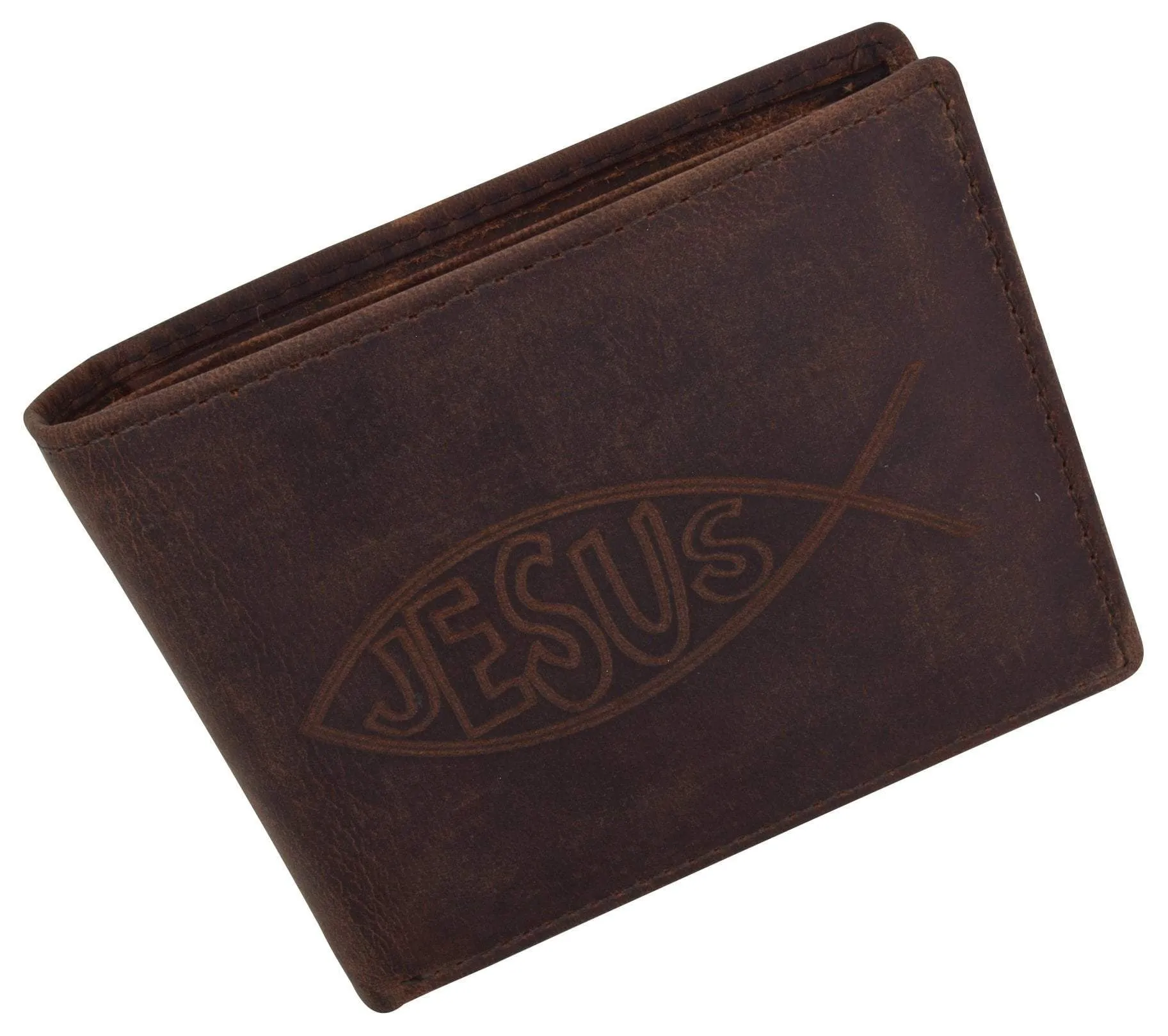 New Men's RFID Jesus Printed Logo Genuine Leather Bifold Wallet …