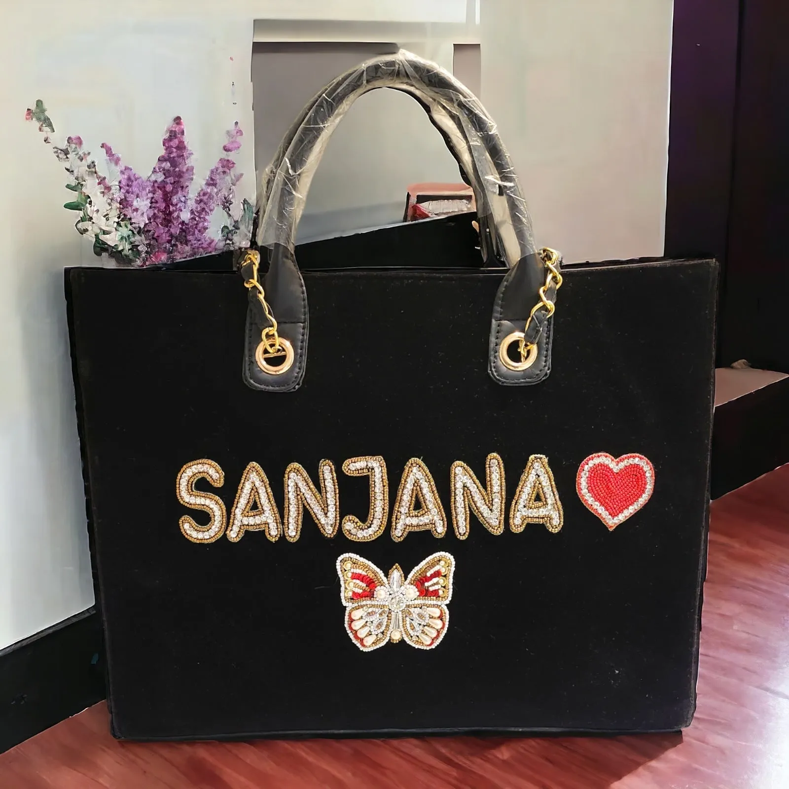 Nivel Customized Name Black TOTE Bag with Butterfly Emoji