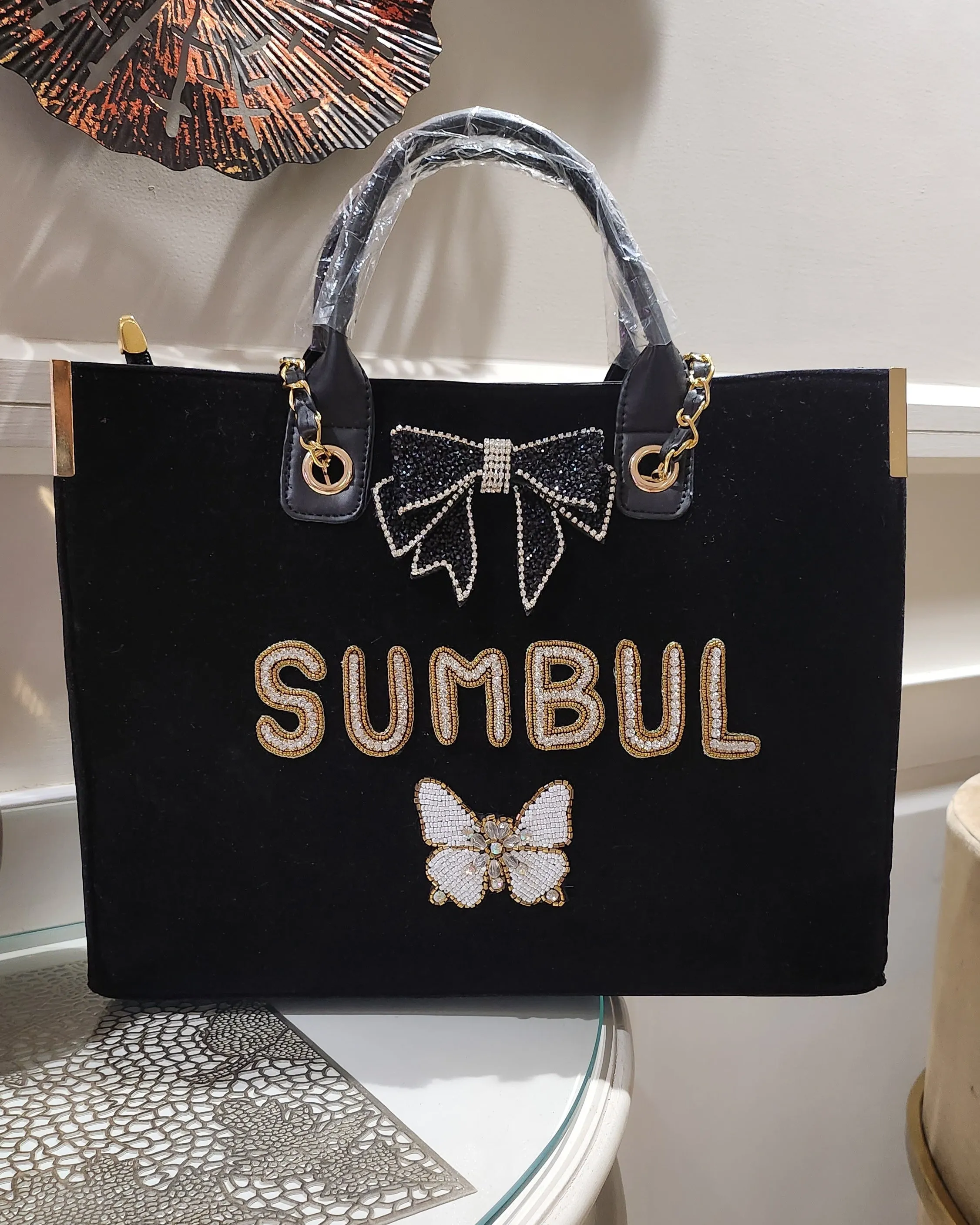 Nivel Customized Name Black TOTE Bag with Butterfly Emoji