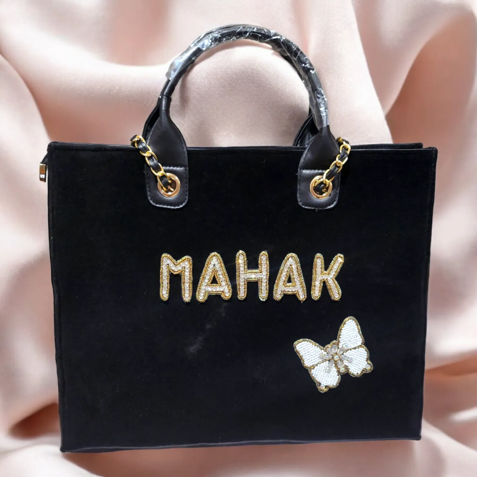 Nivel Customized Name Black TOTE Bag with Butterfly Emoji