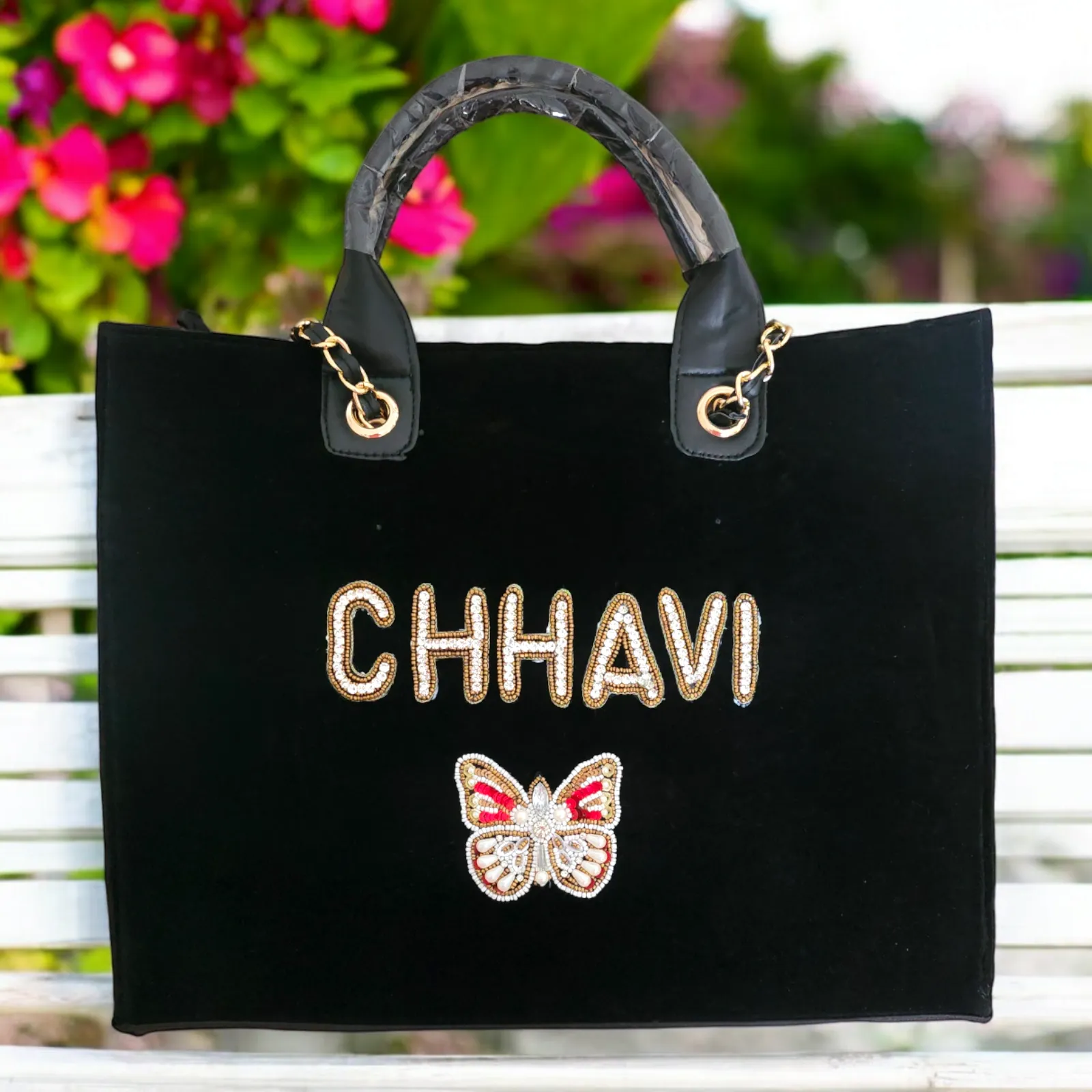 Nivel Customized Name Black TOTE Bag with Butterfly Emoji