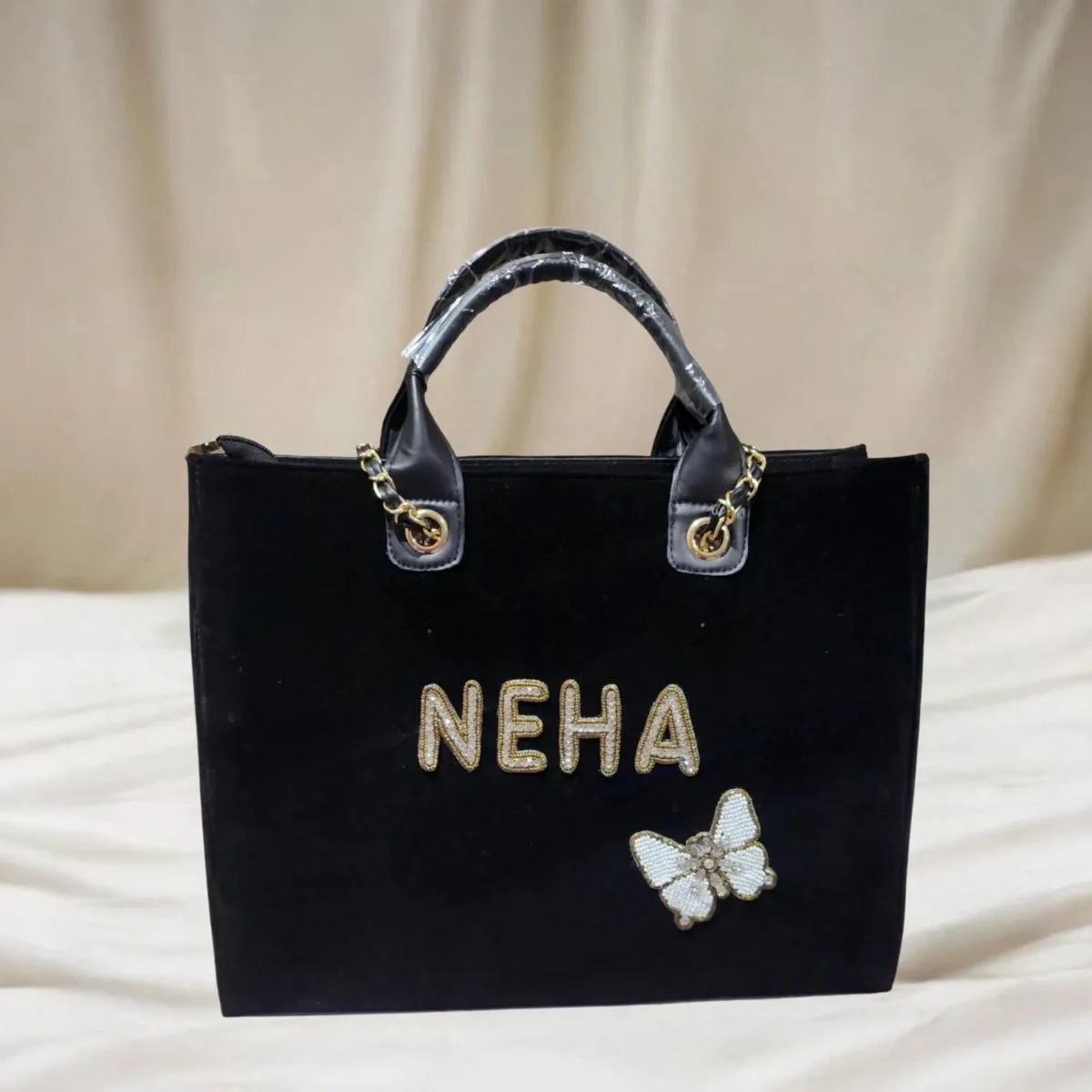 Nivel Customized Name Black TOTE Bag with Butterfly Emoji