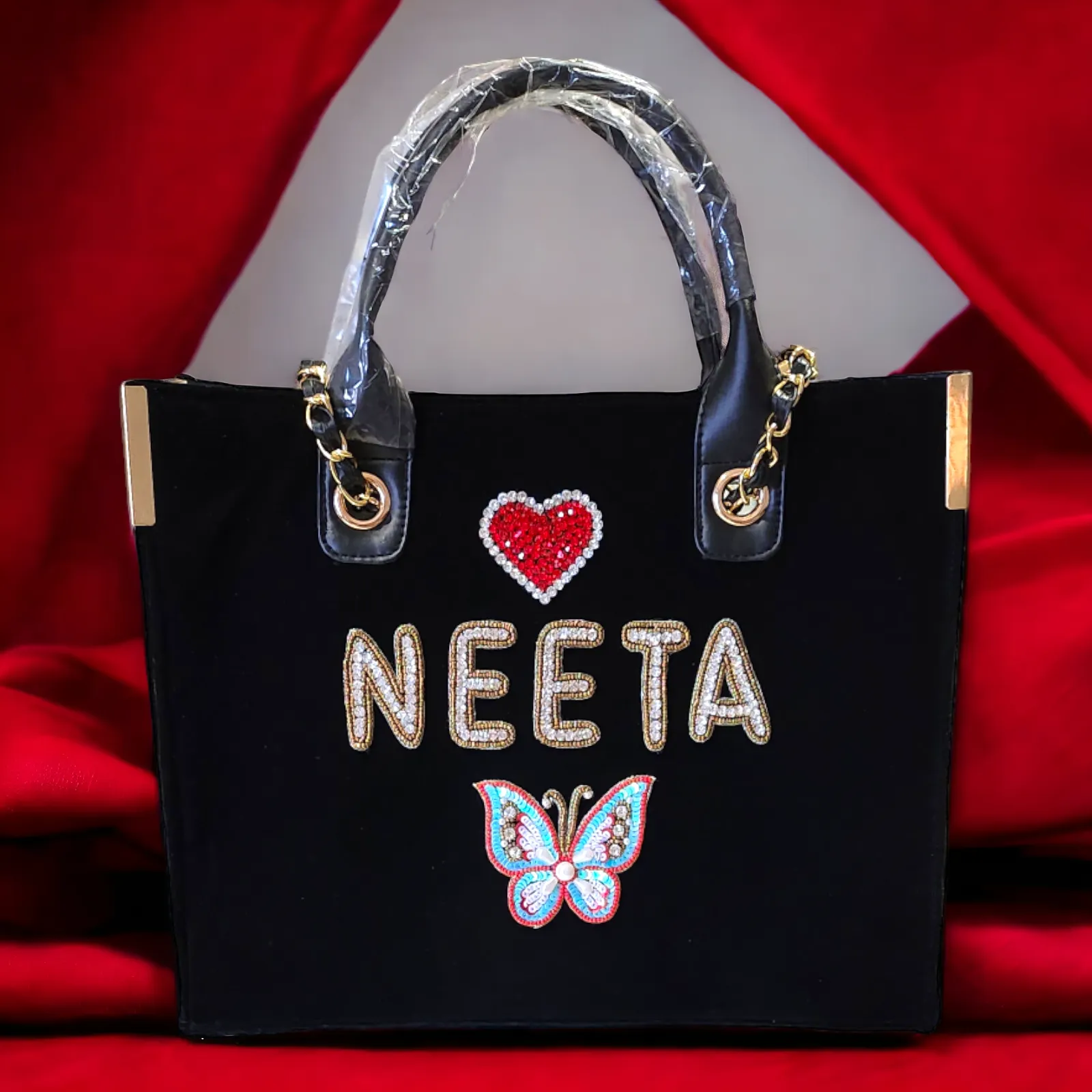 Nivel Customized Name Black TOTE Bag with Butterfly Emoji