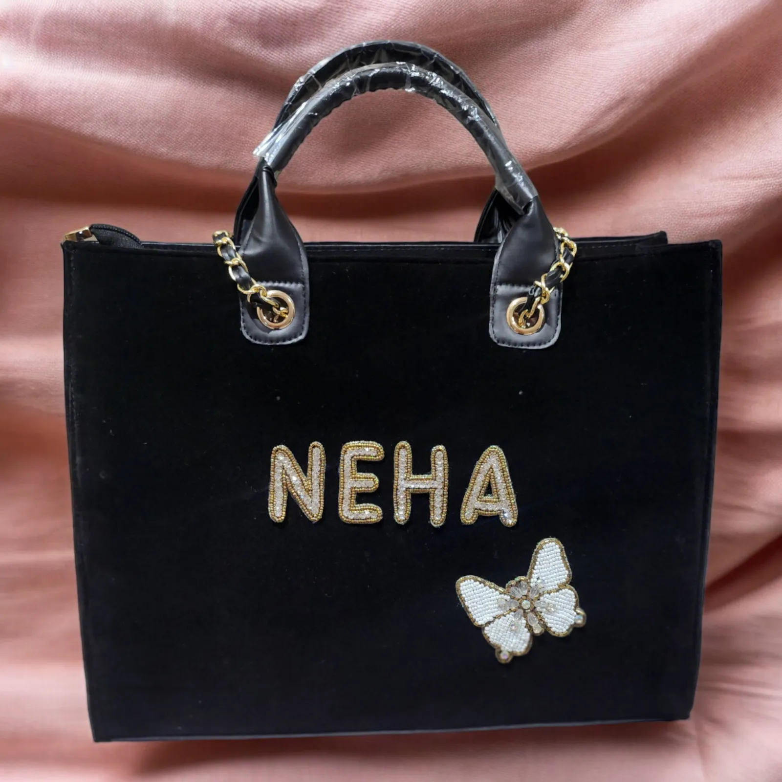 Nivel Customized Name Black TOTE Bag with Butterfly Emoji