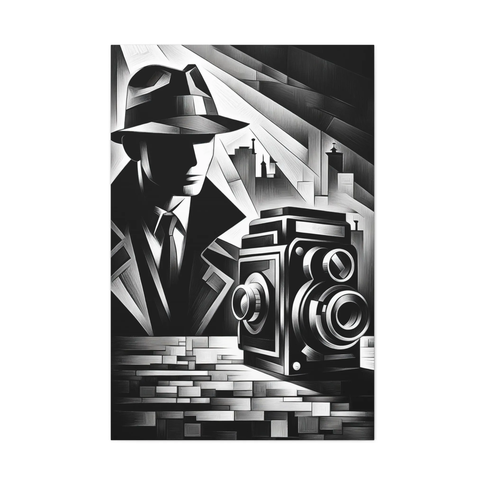 Noir Elegance: Cubist Camera Transformed - canvas