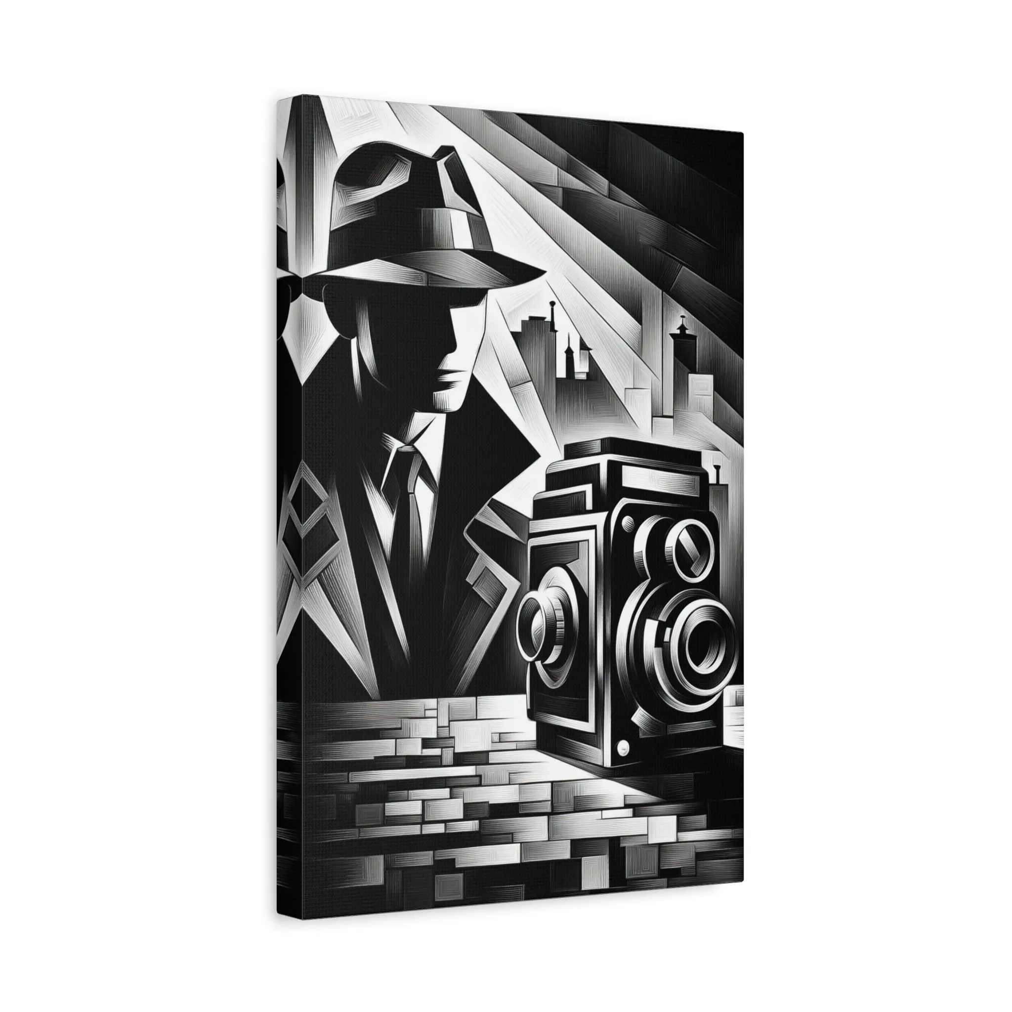 Noir Elegance: Cubist Camera Transformed - canvas