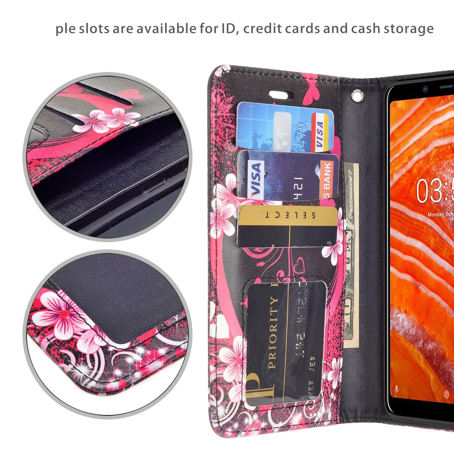 Nokia 3.1 Plus Case, Nokia 3.1 Plus Wallet Case, Wrist Strap Pu Leather Wallet Case [Kickstand] with ID & Credit Card Slots - Heart Butterflies