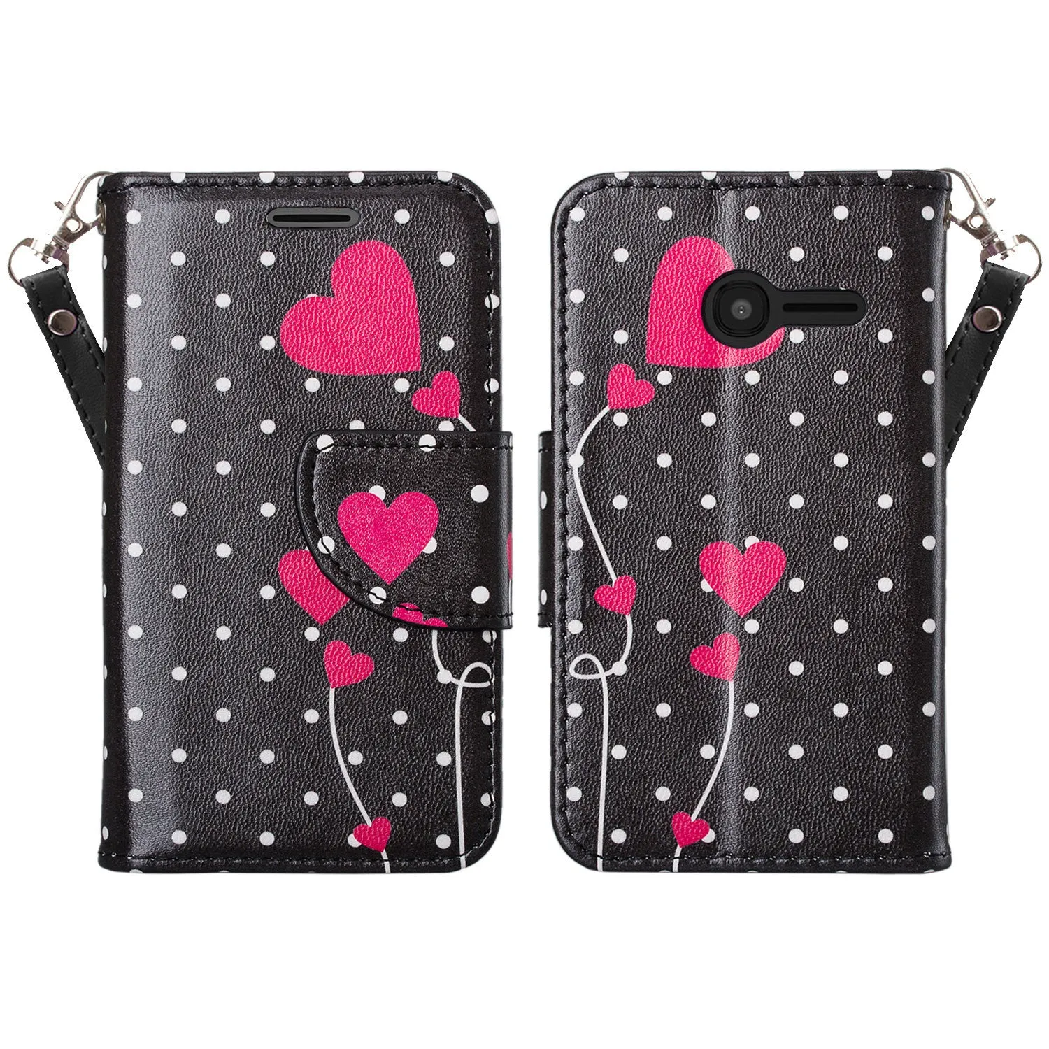 Onetouch Pixi Pulsar Case, Wrist Strap Flip Fold [Kickstand Feature] Pu Leather Wallet Case with ID & Credit Card Slots For Alcatel Onetouch Pixi Pulsar - Polka Dots