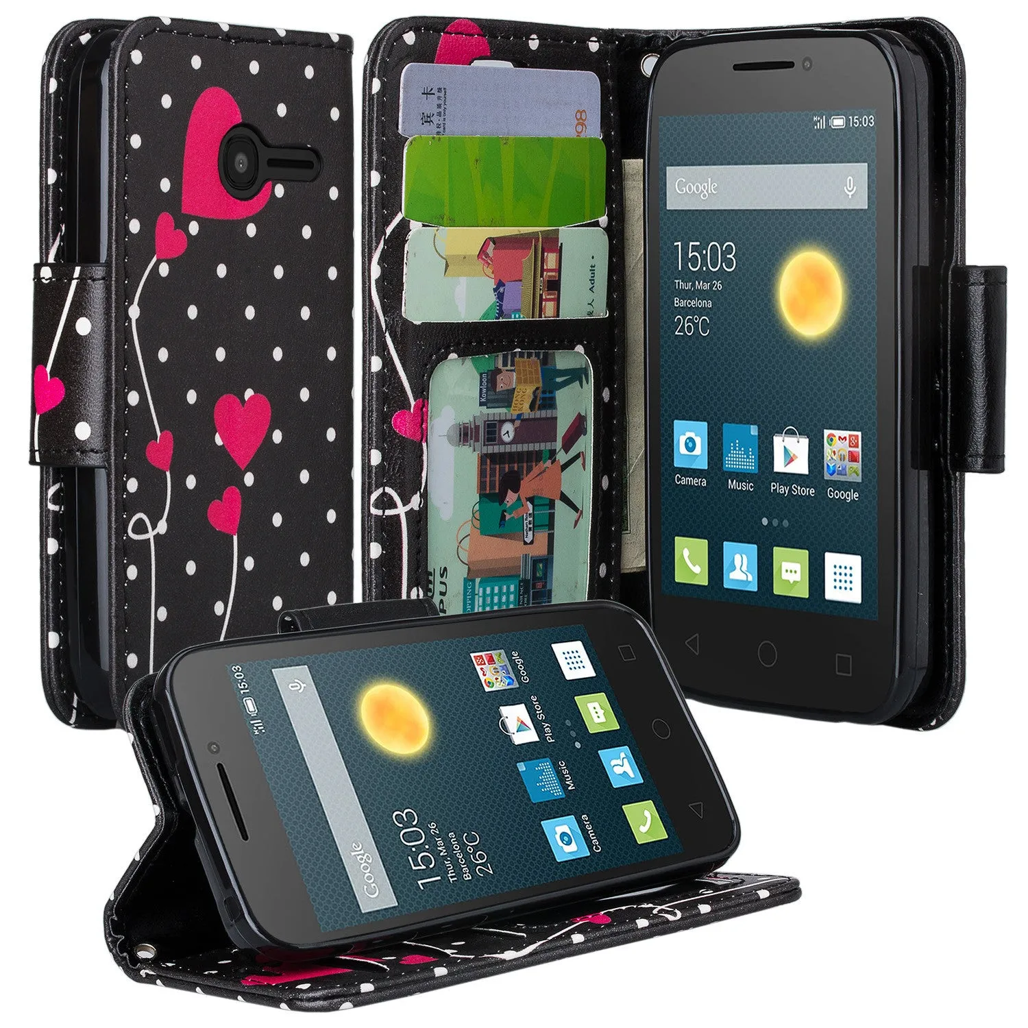 Onetouch Pixi Pulsar Case, Wrist Strap Flip Fold [Kickstand Feature] Pu Leather Wallet Case with ID & Credit Card Slots For Alcatel Onetouch Pixi Pulsar - Polka Dots