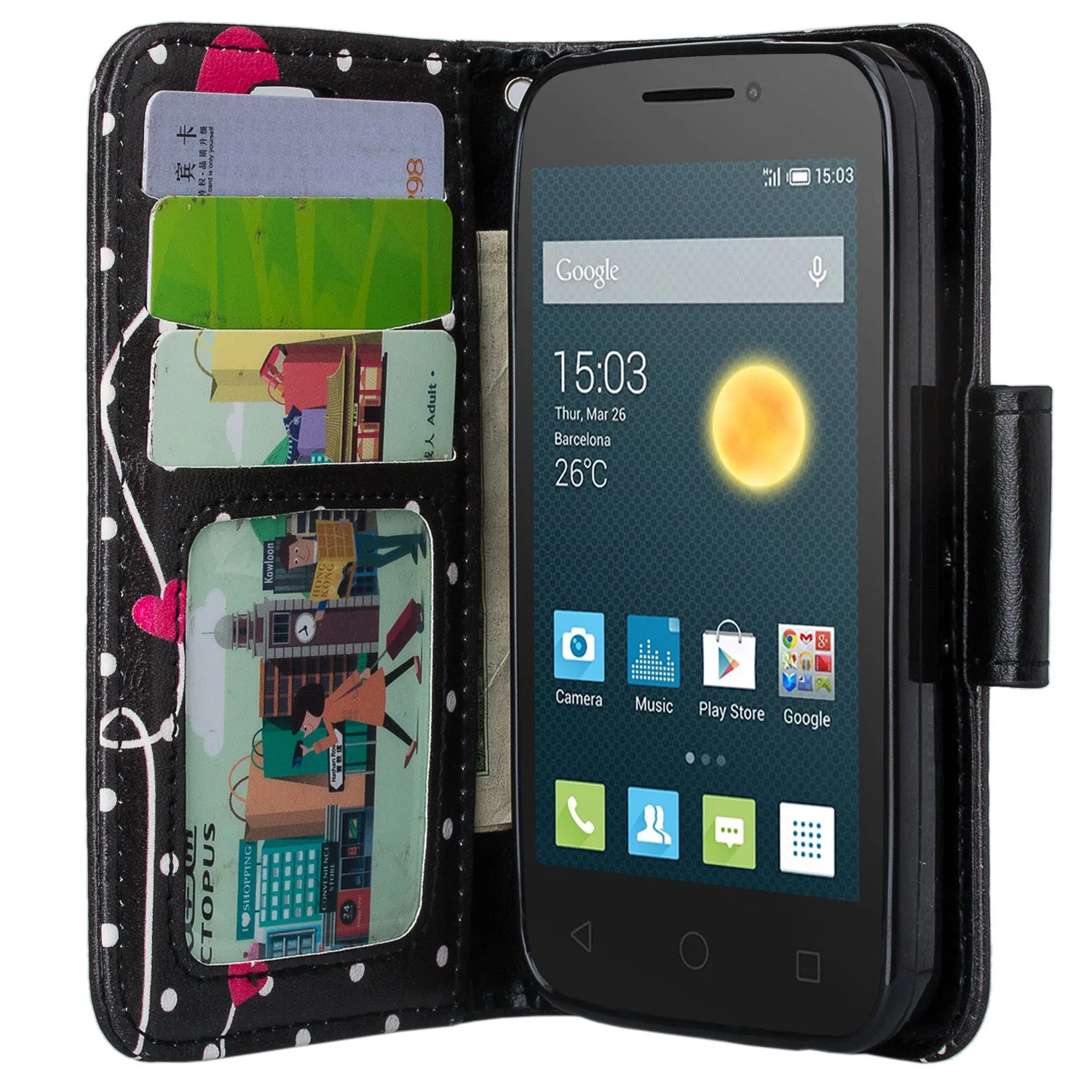 Onetouch Pixi Pulsar Case, Wrist Strap Flip Fold [Kickstand Feature] Pu Leather Wallet Case with ID & Credit Card Slots For Alcatel Onetouch Pixi Pulsar - Polka Dots