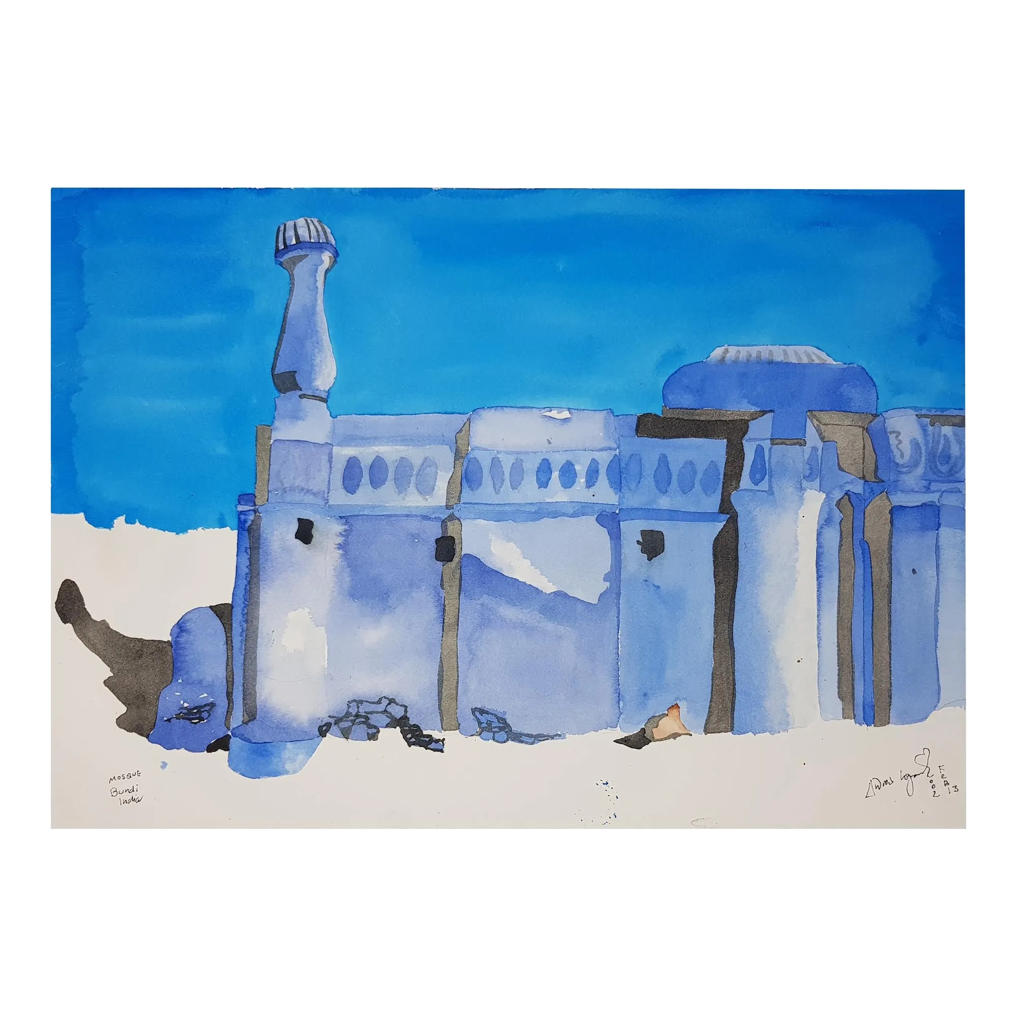 ORIGINAL WATERCOLOUR OF BUNDI MOSQUE, INDIA - ANDREW LOGAN 2002