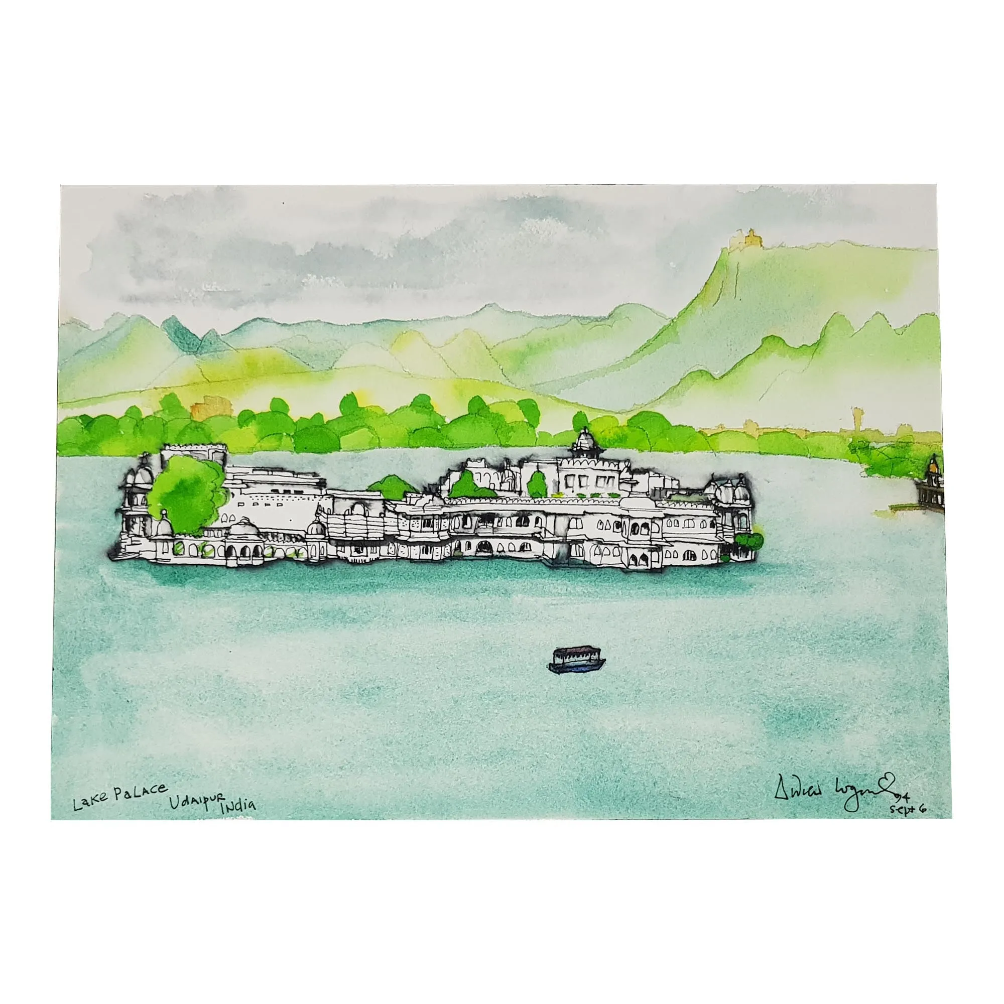 ORIGINAL WATERCOLOUR OF LAKE PALACE, INDIA - ANDREW LOGAN 1994