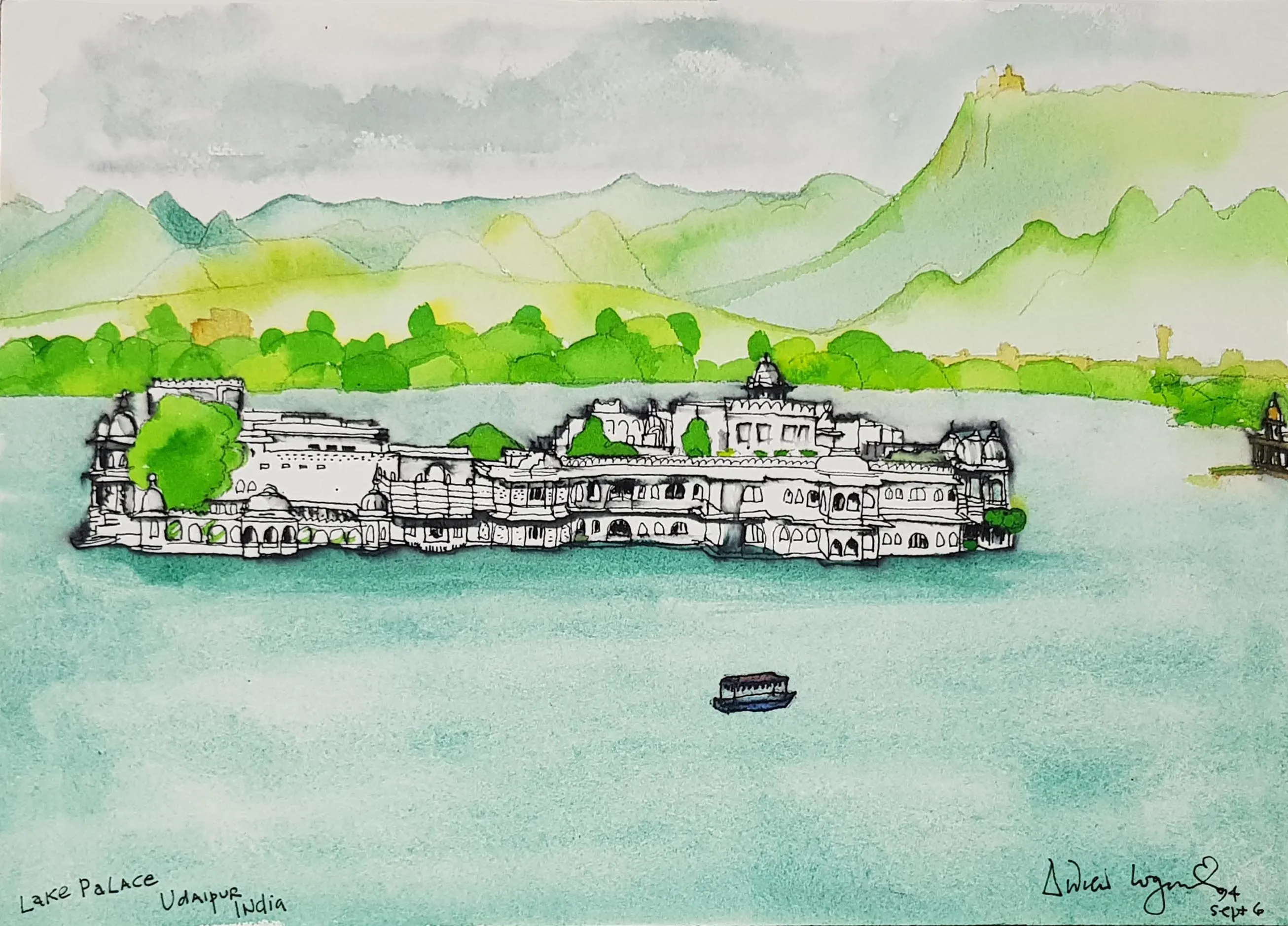 ORIGINAL WATERCOLOUR OF LAKE PALACE, INDIA - ANDREW LOGAN 1994