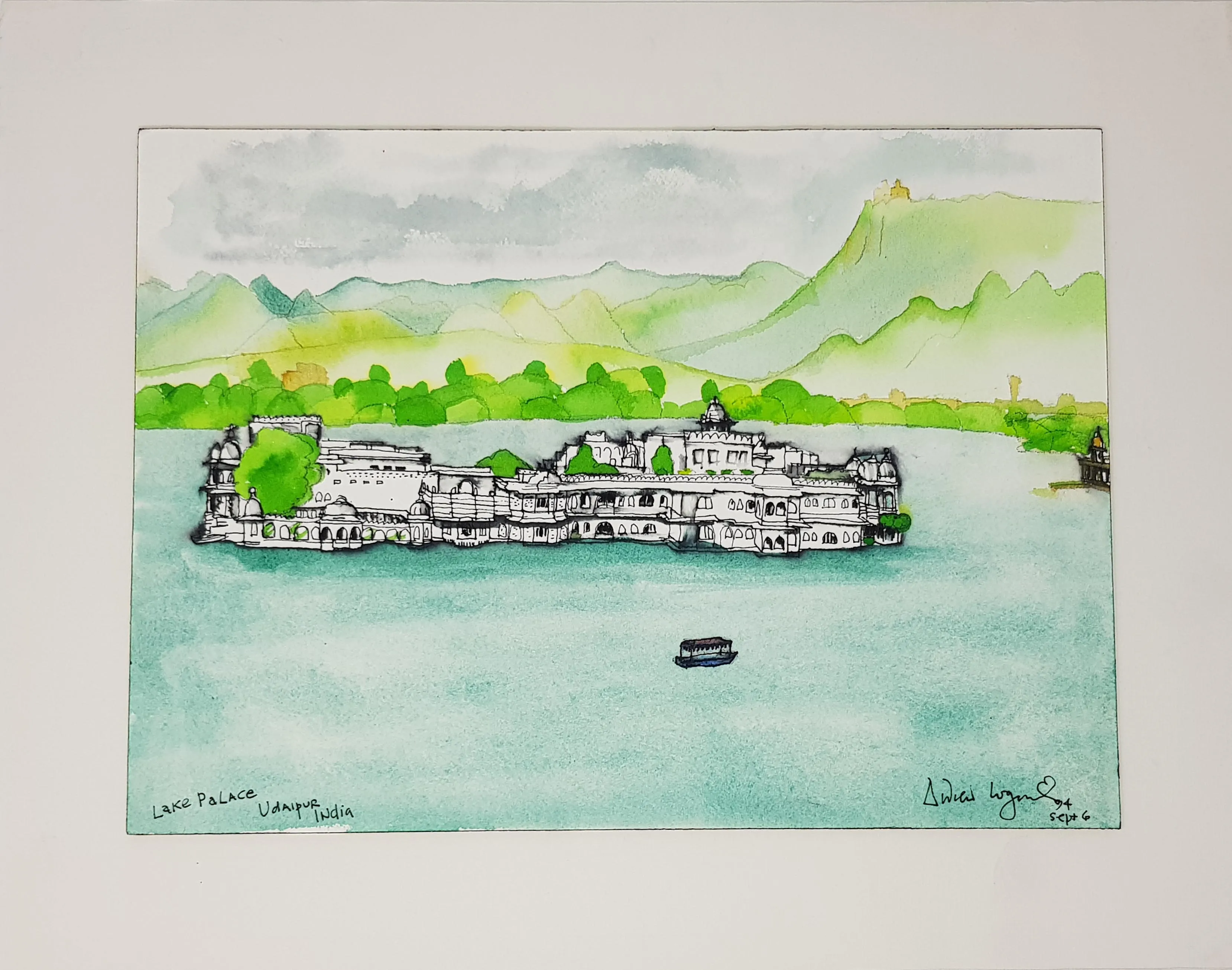 ORIGINAL WATERCOLOUR OF LAKE PALACE, INDIA - ANDREW LOGAN 1994