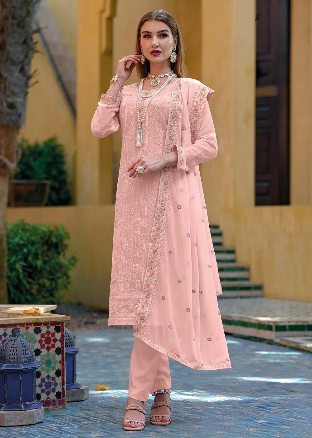 Pakistani Style Splendid Peach Embroidered Eid Wear Kurta Set