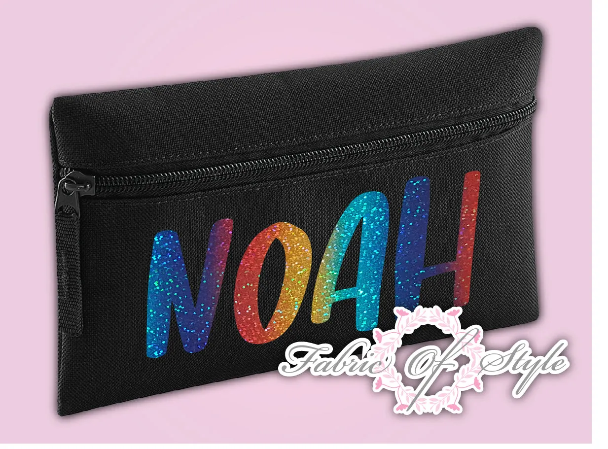 Personalised Any Name Rainbow Glitter Pencil Case Kids Office Stationery Back To School Zip School Bag