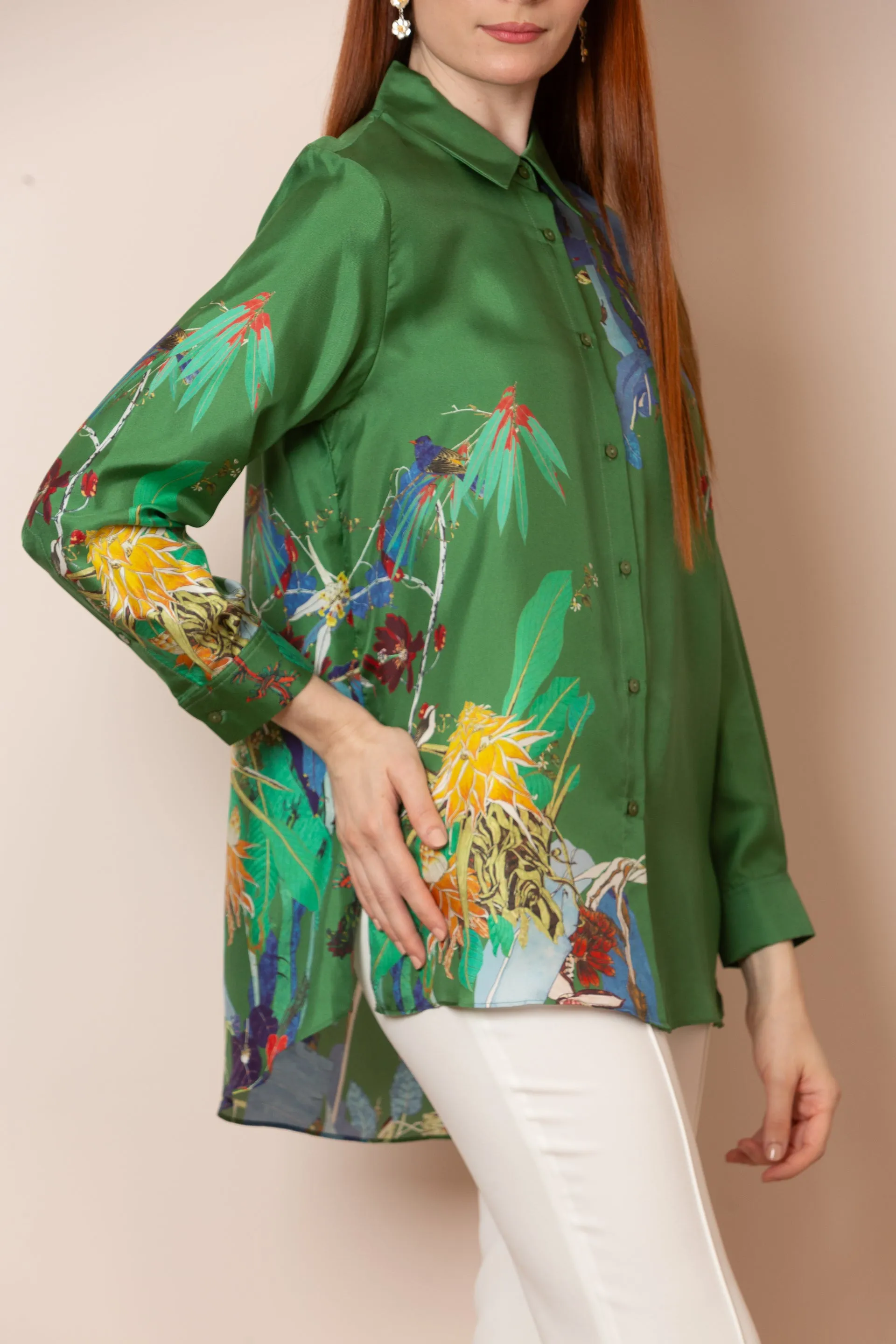 Quinn Silk Twill Artistic Button Down Shirt in Green