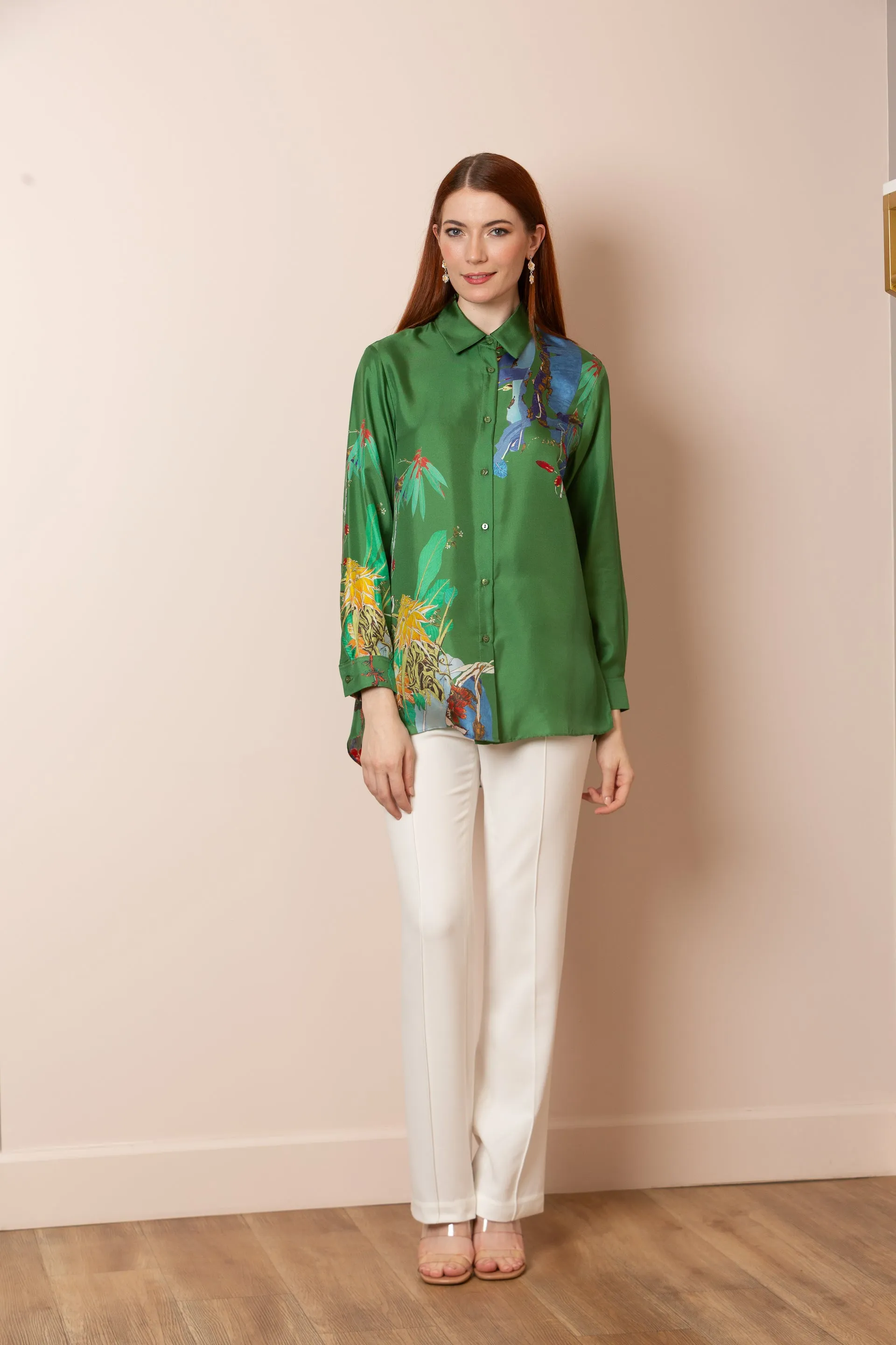 Quinn Silk Twill Artistic Button Down Shirt in Green