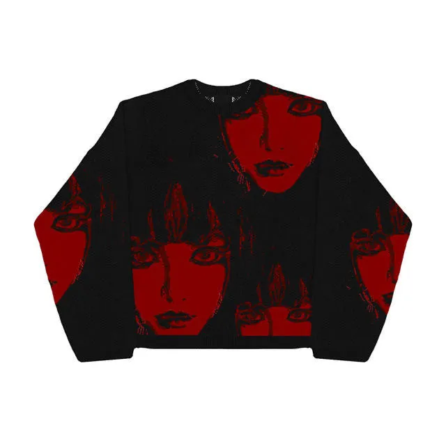 Red Gaze | Artistic Faces Knit Sweater