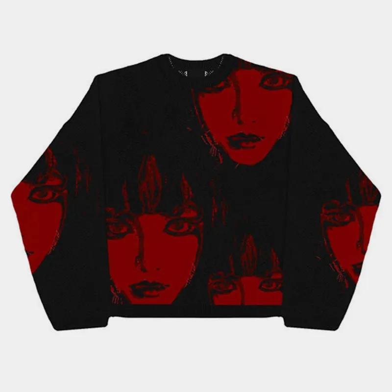 Red Gaze | Artistic Faces Knit Sweater