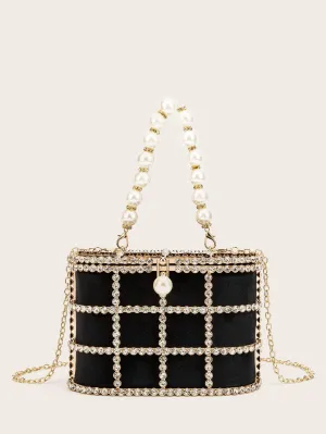 Rhinestone & Faux Pearl Decor Chain Clutch Bag