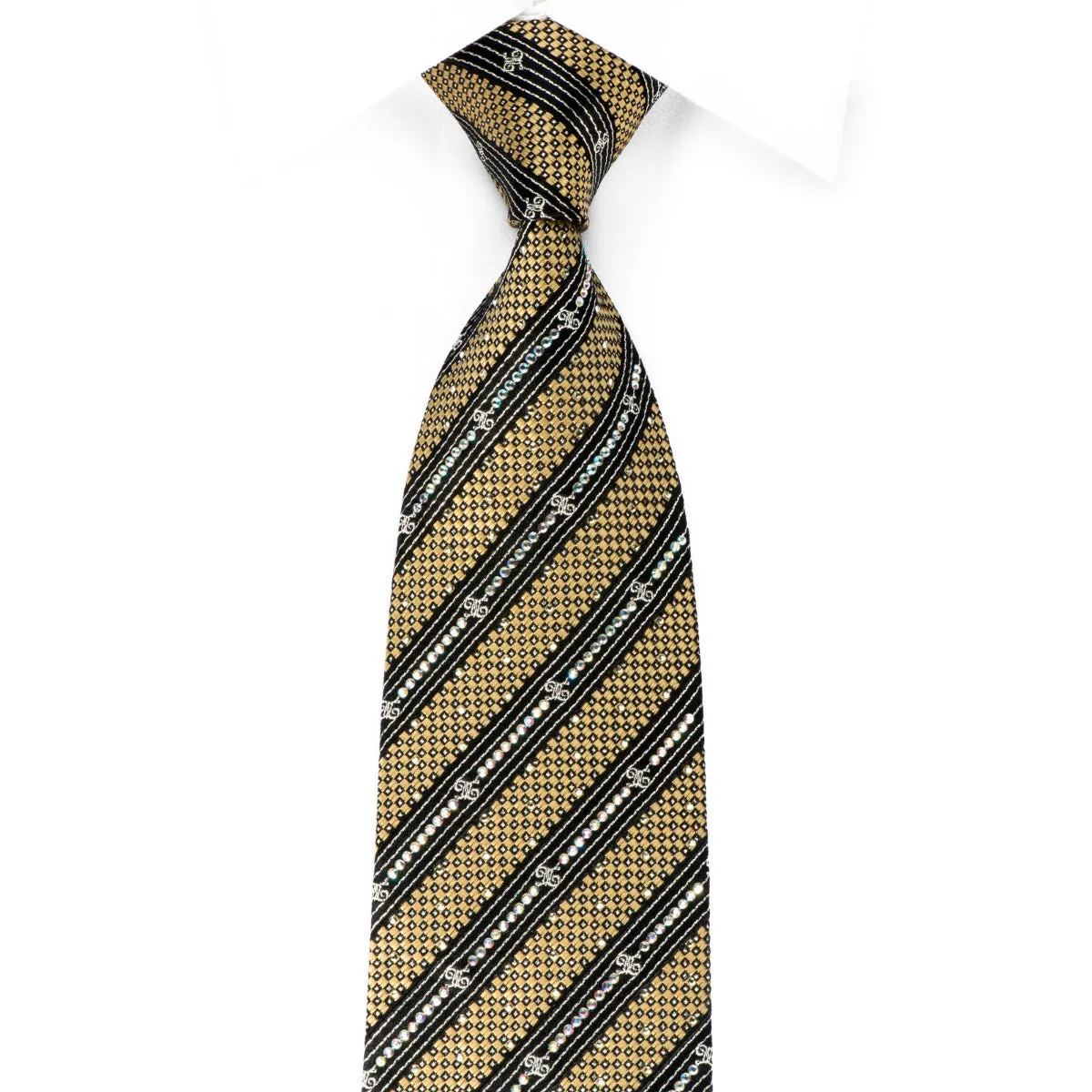 Rhinestone Silk Tie Black Gold Striped With Silver Sparkles