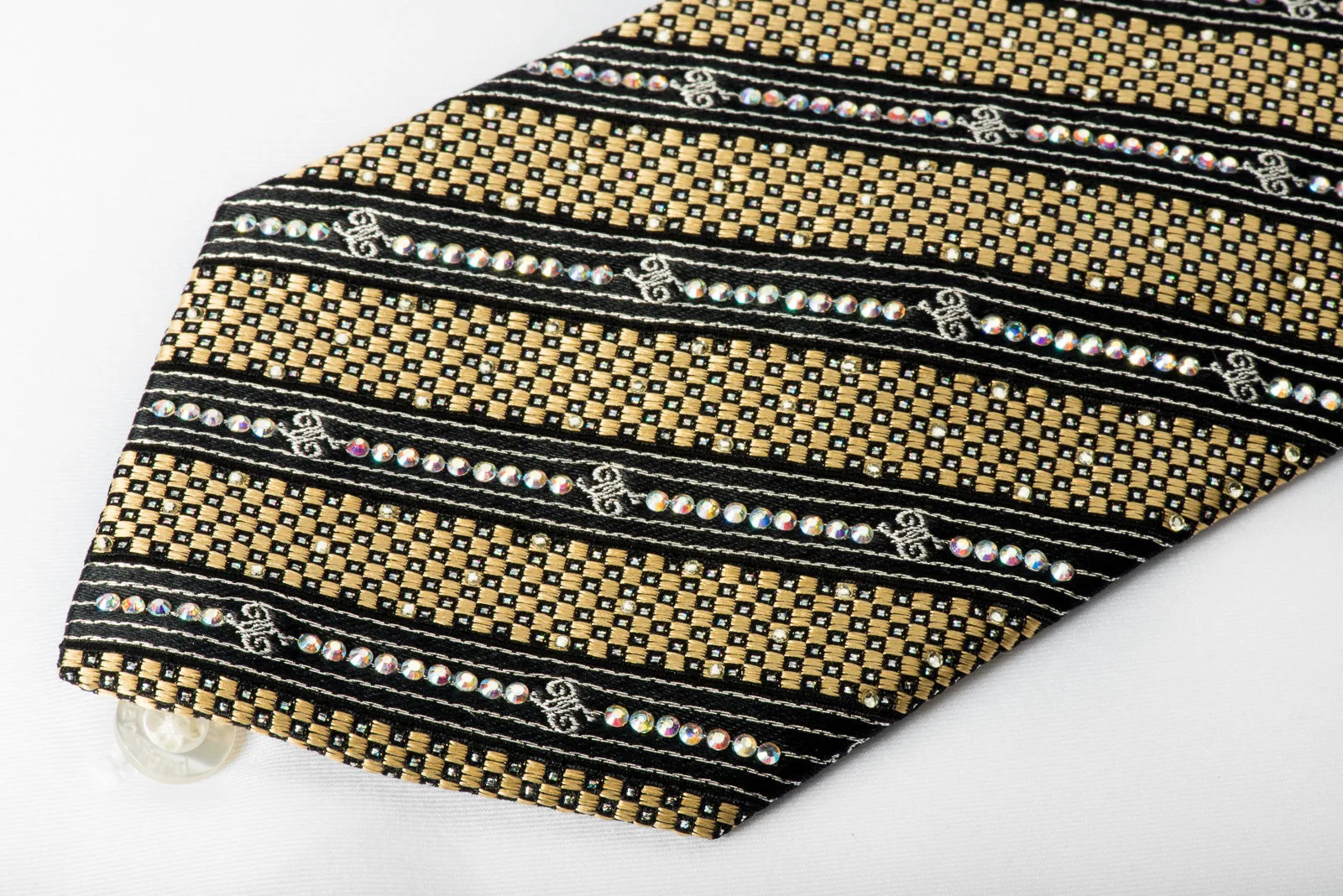 Rhinestone Silk Tie Black Gold Striped With Silver Sparkles