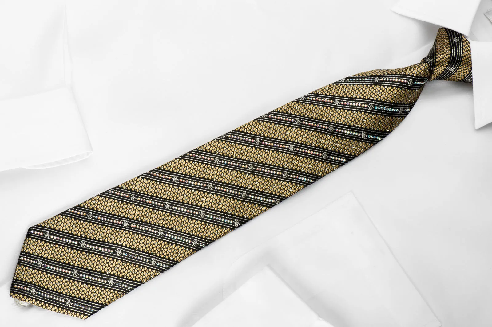 Rhinestone Silk Tie Black Gold Striped With Silver Sparkles