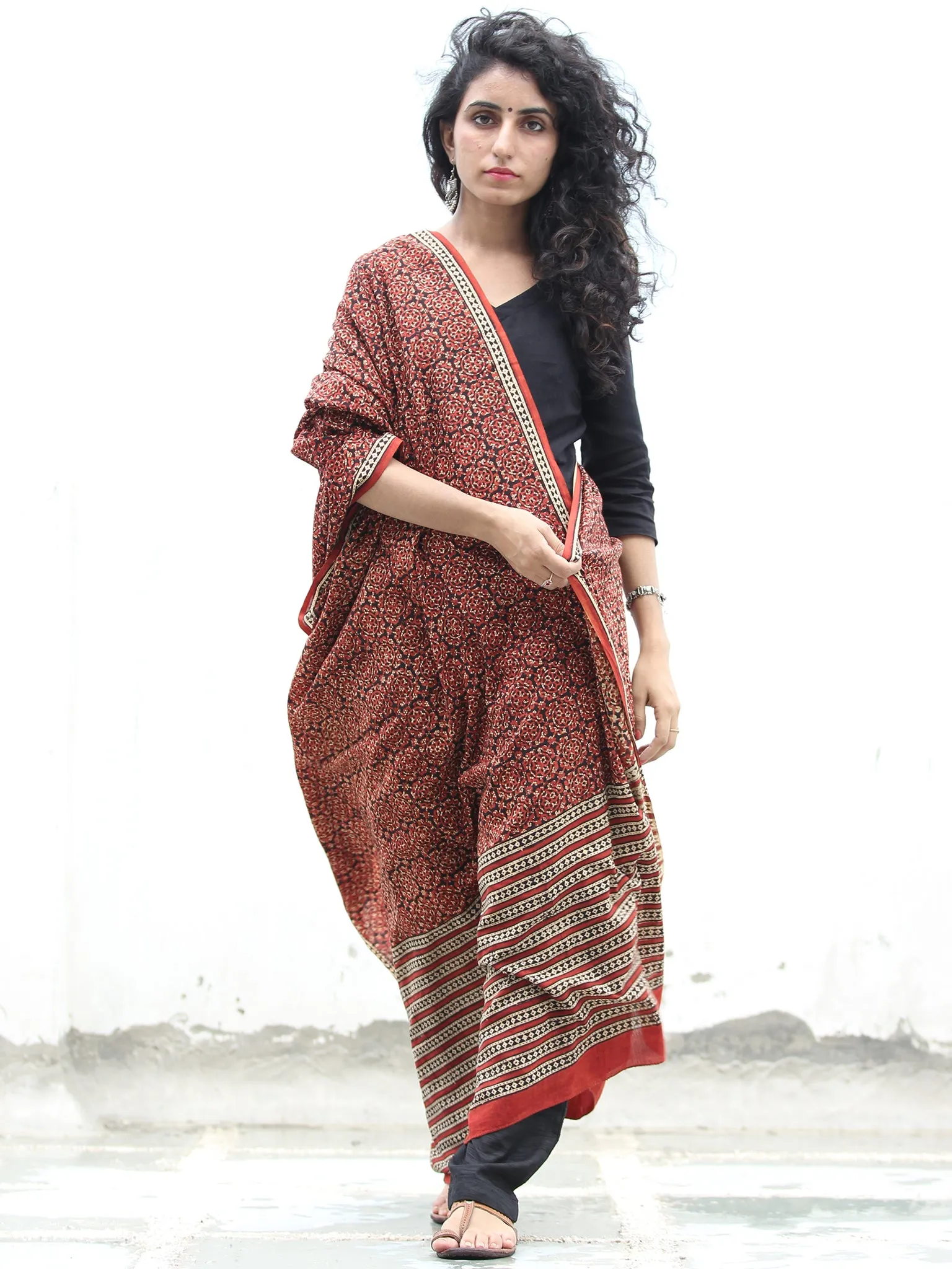 Rust Black Beige Cotton Hand Block Printed Dupatta   - D04170408