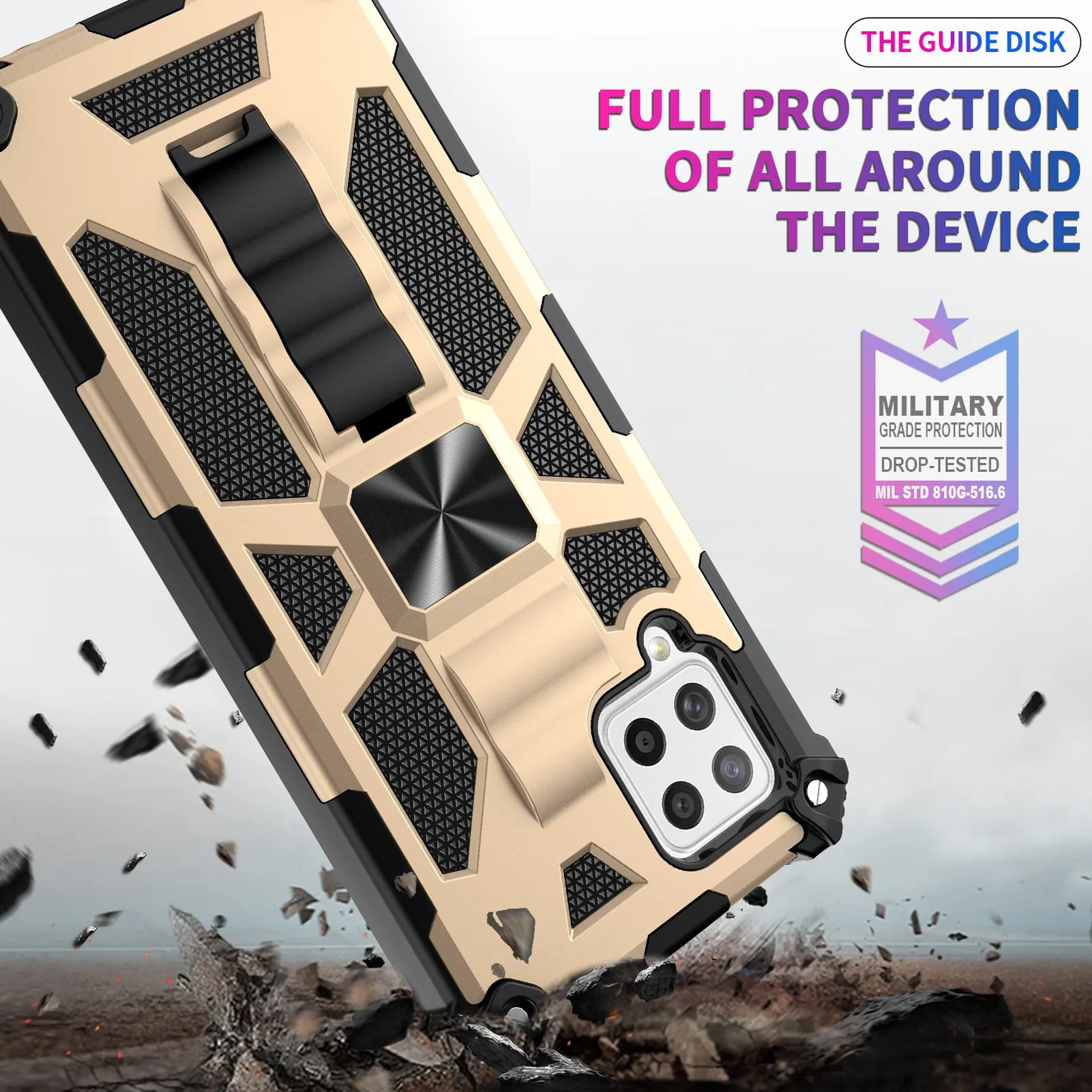 Samsung Galaxy A12 Case [Military Grade] Ring Car Mount Kickstand Hybrid Hard PC Soft TPU Shockproof Protective Case - Gold