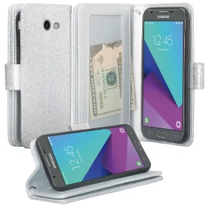 Samsung Galaxy J3 Emerge | J3 (2017) | J3 Prime | Samsung SM-J327P Case, [Wrist Strap] Glitter Faux Leather Flip [Kickstand Feature] Protective Wallet Case Clutch - Silver