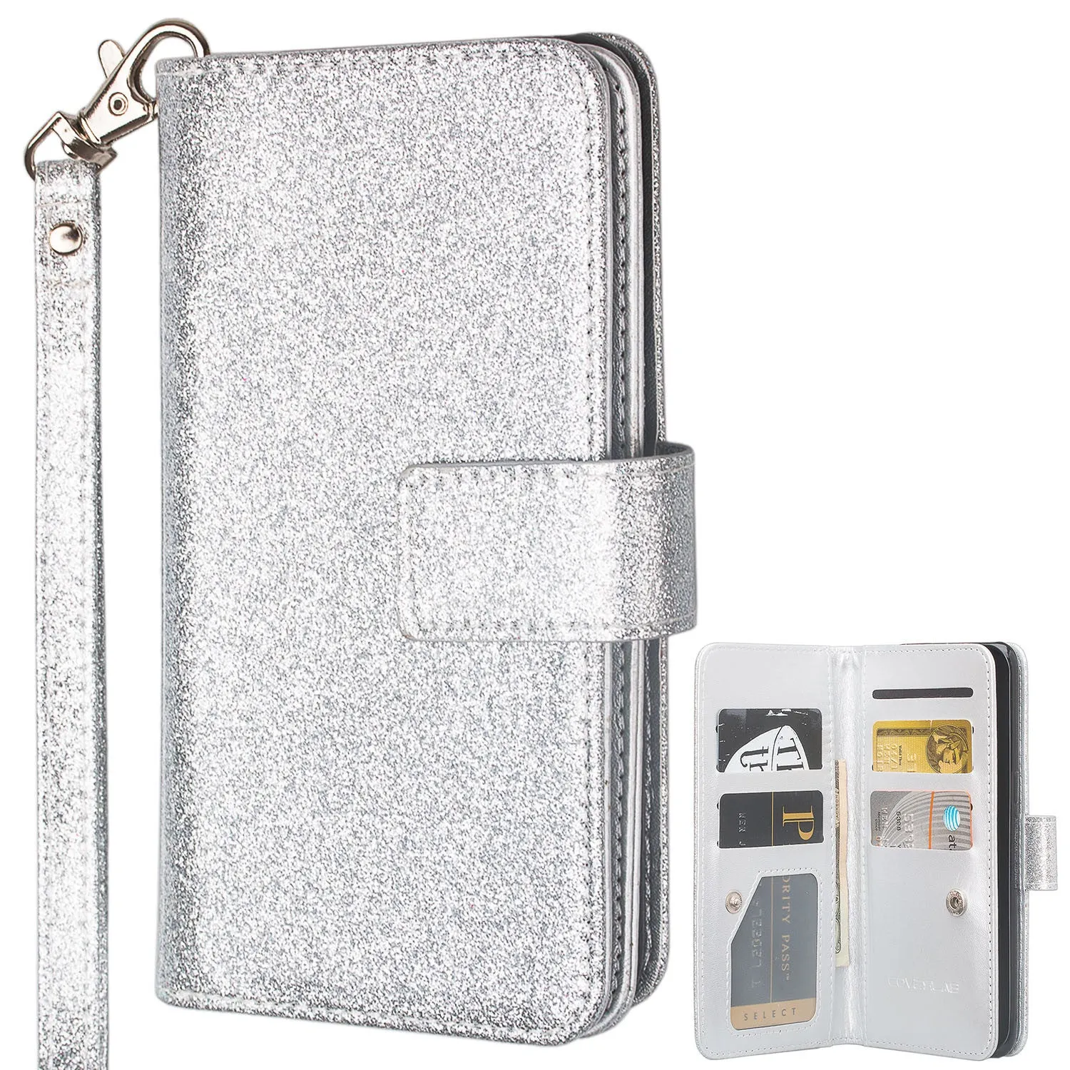 Samsung Galaxy J3 Emerge | J3 (2017) | J3 Prime | Samsung SM-J327P Case, [Wrist Strap] Glitter Faux Leather Flip [Kickstand Feature] Protective Wallet Case Clutch - Silver