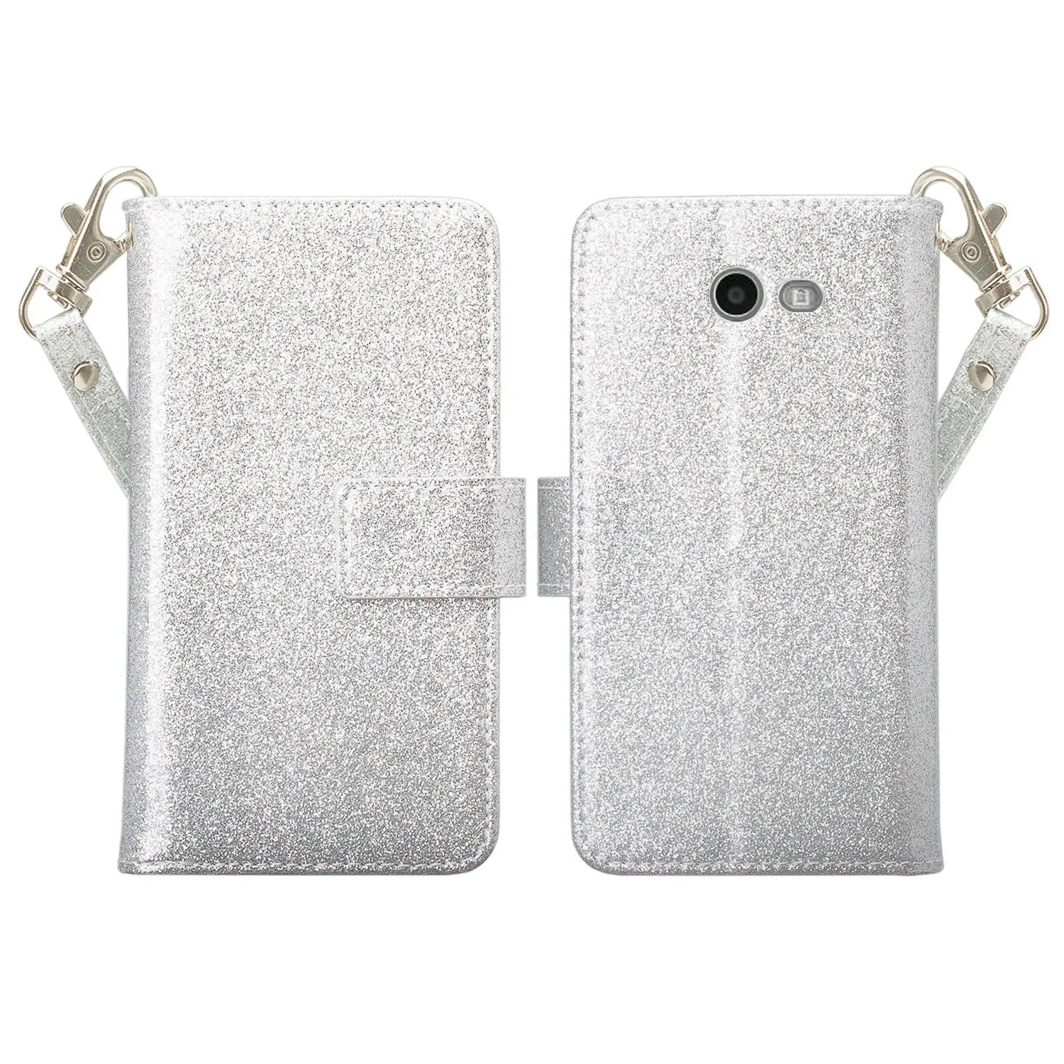 Samsung Galaxy J3 Emerge | J3 (2017) | J3 Prime | Samsung SM-J327P Case, [Wrist Strap] Glitter Faux Leather Flip [Kickstand Feature] Protective Wallet Case Clutch - Silver