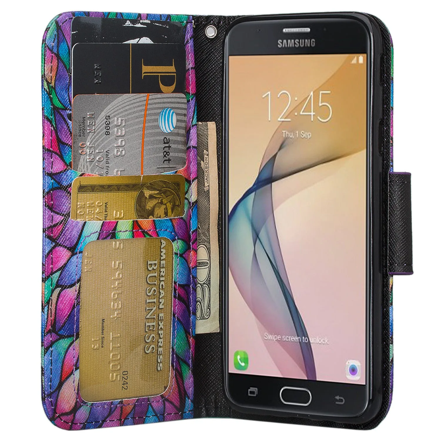 Samsung  Galaxy J5 Prime Case, Wrist Strap Magnetic Fold[Kickstand] Pu Leather Wallet Case with ID & Credit Card Slots for Samsung  Galaxy J5 Prime - Rainbow Flower