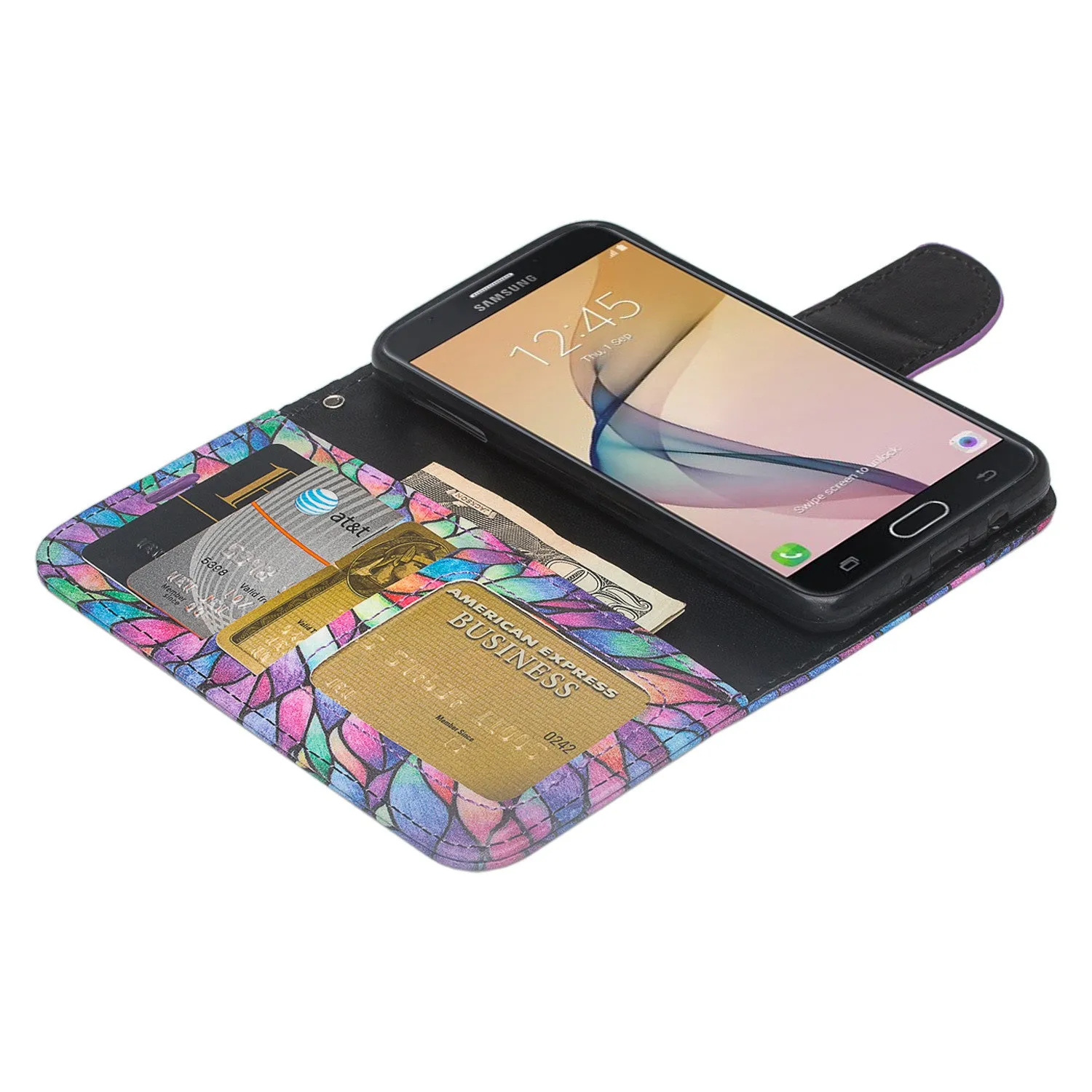 Samsung  Galaxy J5 Prime Case, Wrist Strap Magnetic Fold[Kickstand] Pu Leather Wallet Case with ID & Credit Card Slots for Samsung  Galaxy J5 Prime - Rainbow Flower